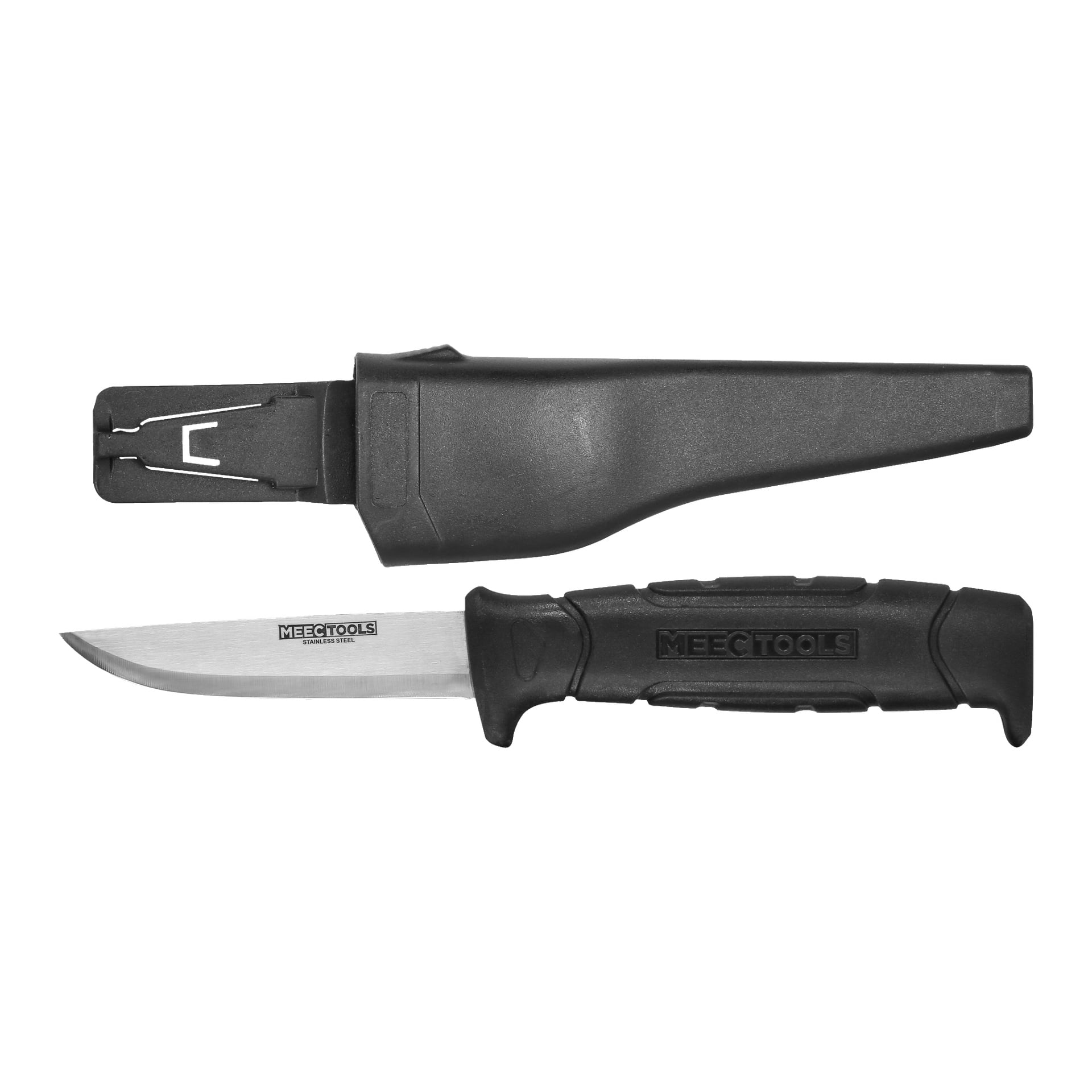 Ruostumattomasta teräksestä valmistettu Meec Tools Craftsmanin veitsi, jossa on musta teksturoitu kahva, on esillä sen vastaavan mustan muovikuoren yläpuolella, jossa on kiinnitysklipsi. Veitsen terä on merkitty MEEC-TYÖKALUILLA.