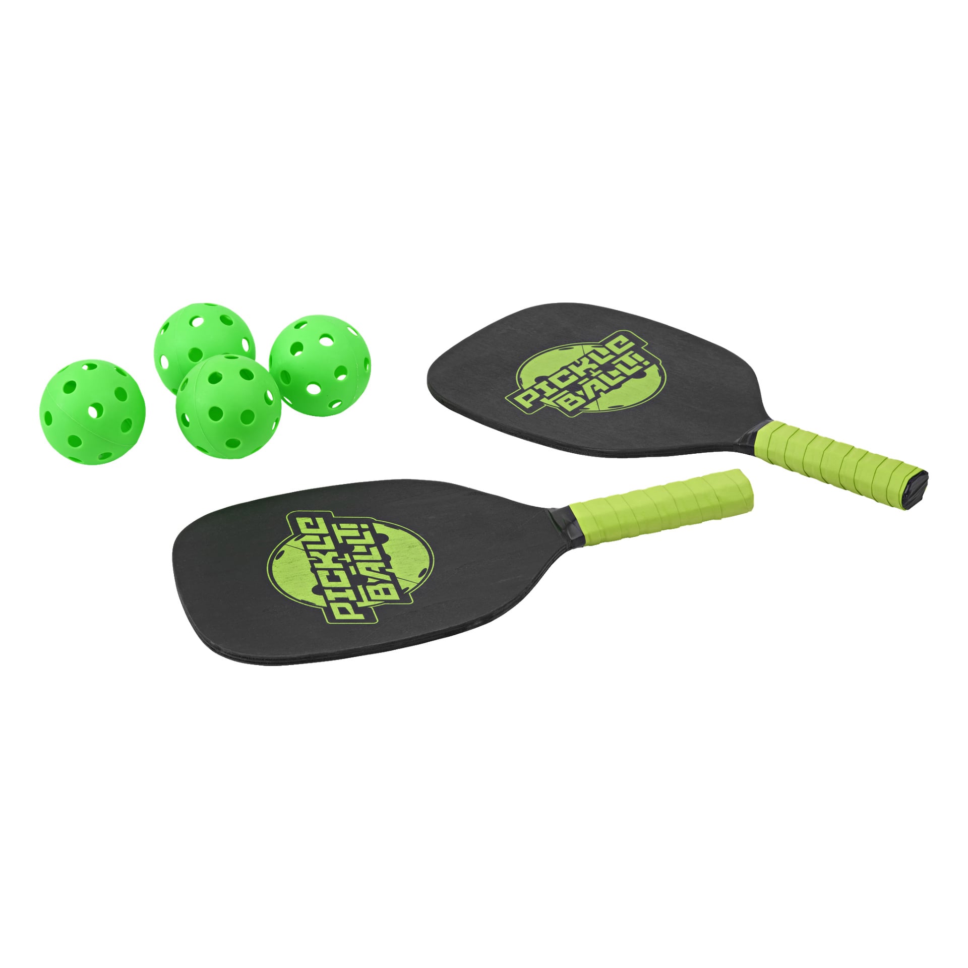 Två svarta Kayoba pickleball-paddlar med gröna handtag och "Pickle Ball!"-logotyper visas tillsammans med fyra gröna perforerade bollar från det 6-delade pickleball-setet.