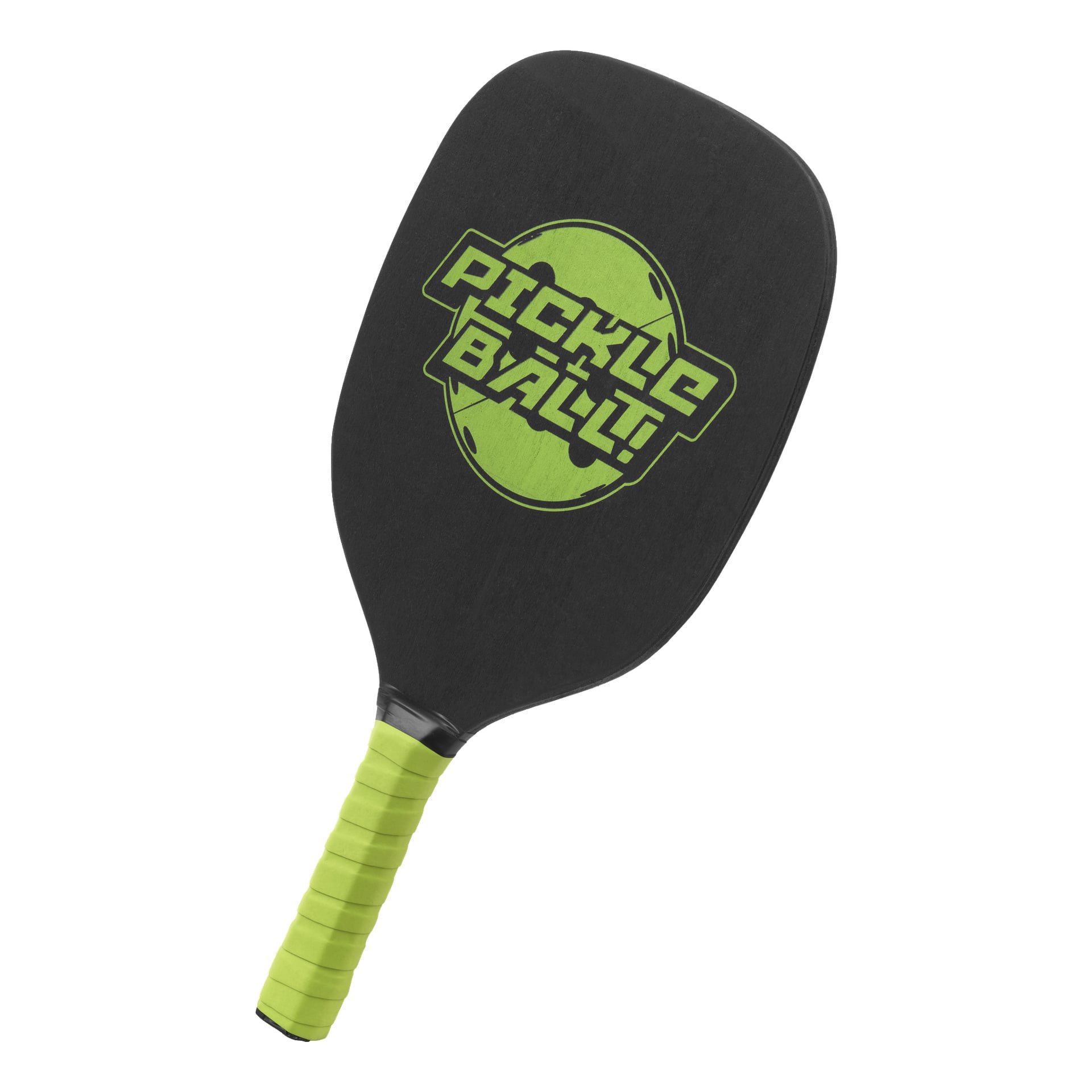 En svart Kayoba Pickleball-paddel från ett sexdelat set, designad med ett grönt handtag och ordet PICKLEBALL! visas med gröna bokstäver över en grön cirkel på paddelns yta.