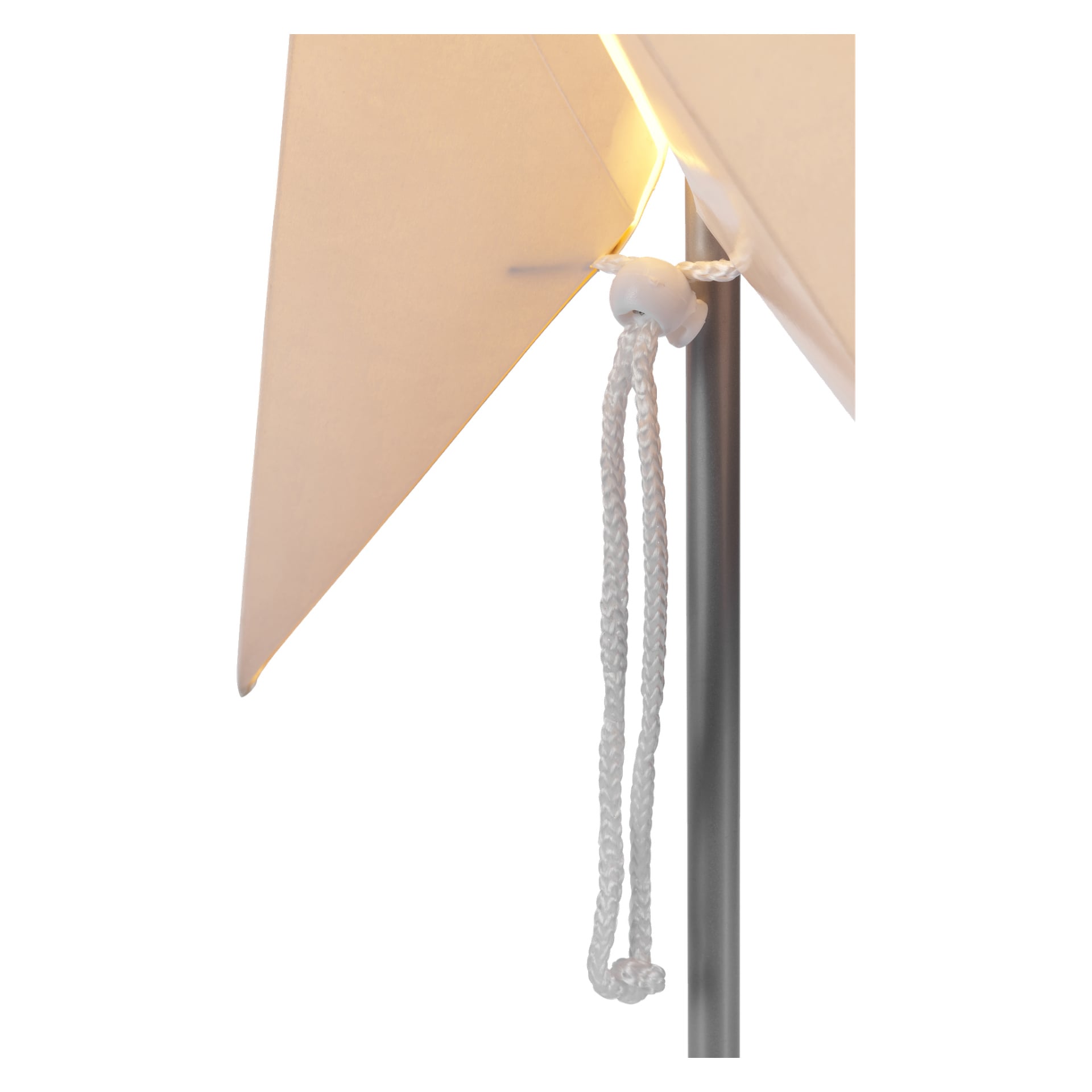 EKVIP White Advent-stjärna till fots, upplyst, och visar en detaljerad vy av dragsnöret där det möter metallstången och den vita tyggardinen.