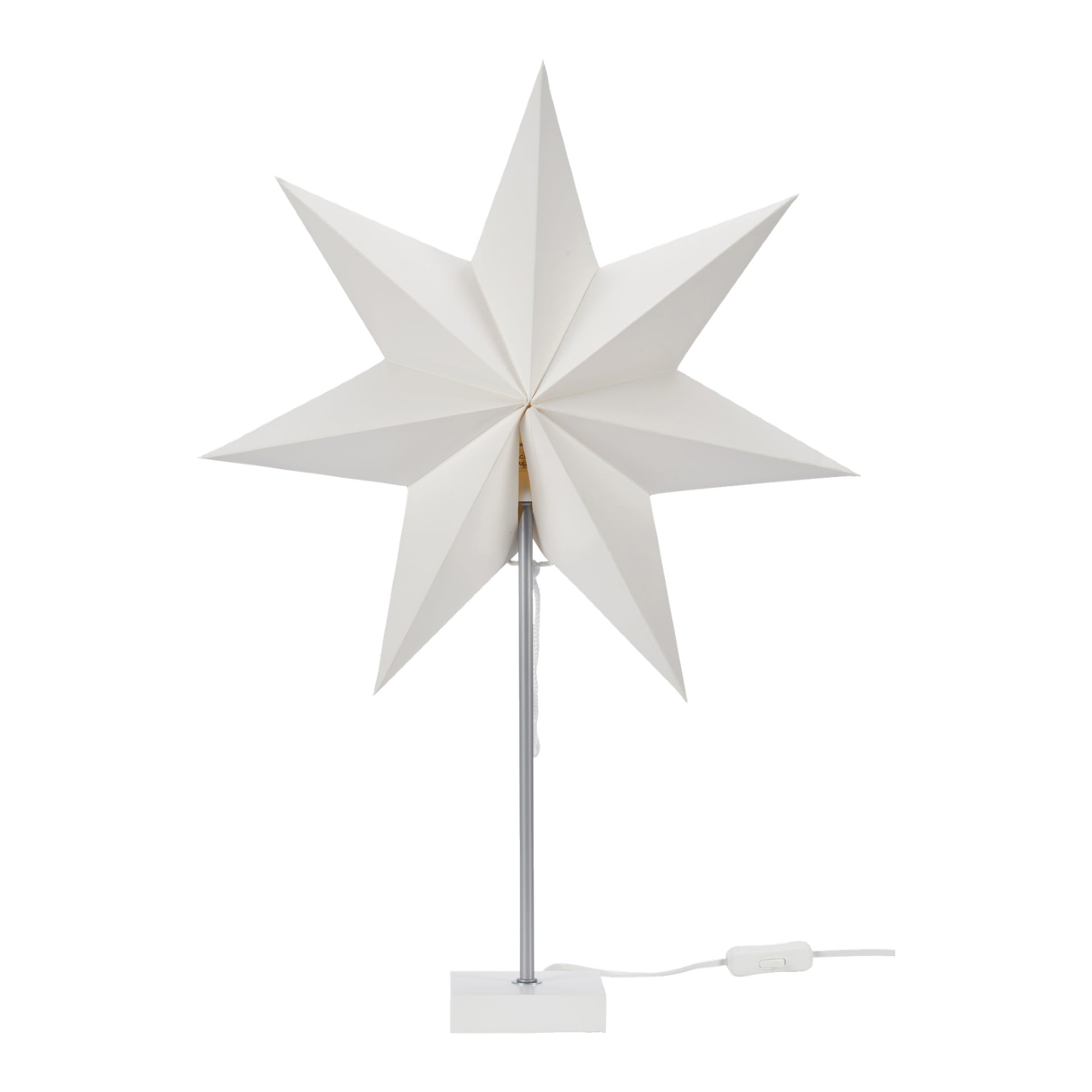 EKVIP White Advent-stjärnan till fots har en vit, åttauddig stjärnlampa på ett metallstativ med fyrkantig bas och en elkabel med strömbrytare.