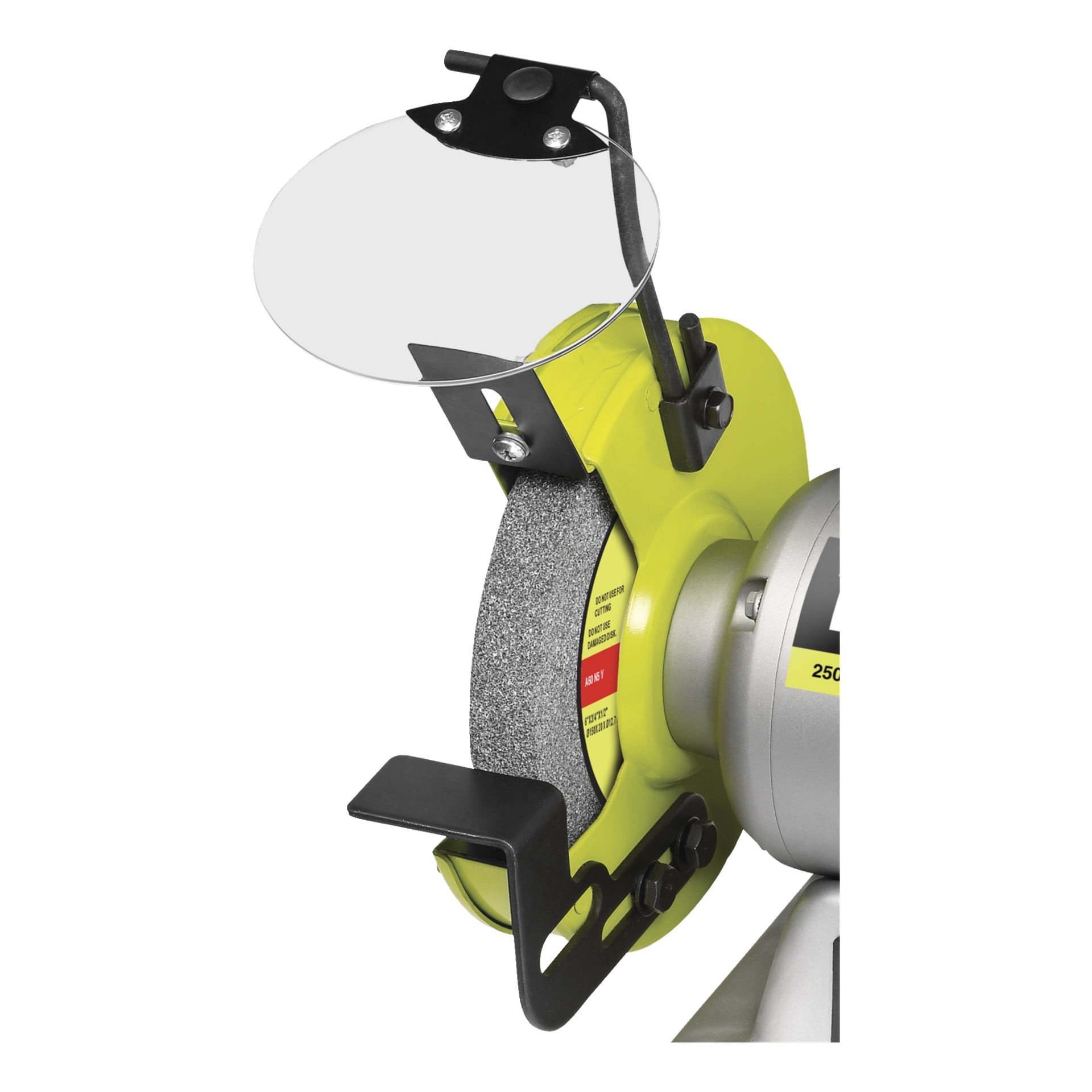 Szczegółowy widok zielono-srebrnego Ryobi Bench Grinder RBG6G1 podkreśla jego koło szlifierskie, które posiada przezroczystą osłonę bezpieczeństwa oraz podpór roboczy ustawiony bezpośrednio przed nim.