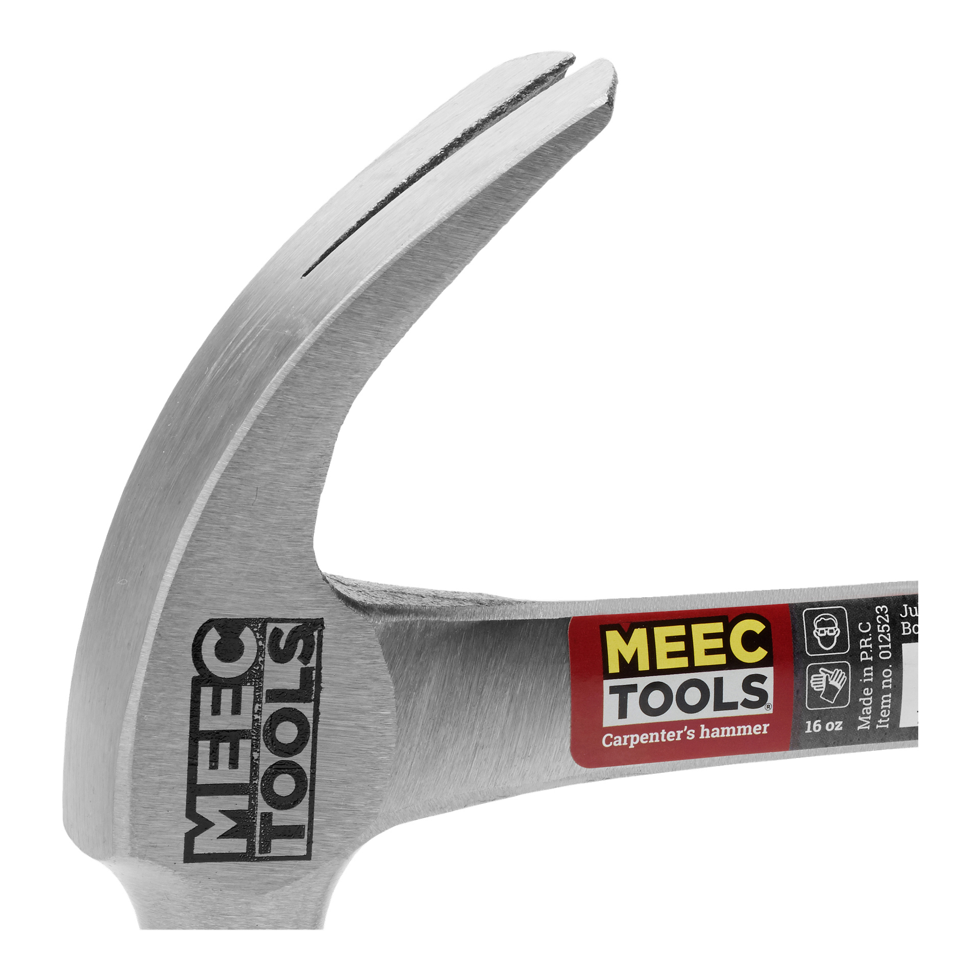Närbild på en Meec Tools-snickarhammare med metalliskt silverhuvud och ett handtag prytt med en röd och gul klisterlapp. Klistermärket listar specifikationer som 16 oz och visar symboler relaterade till korrekt användning och säkerhetsriktlinjer.