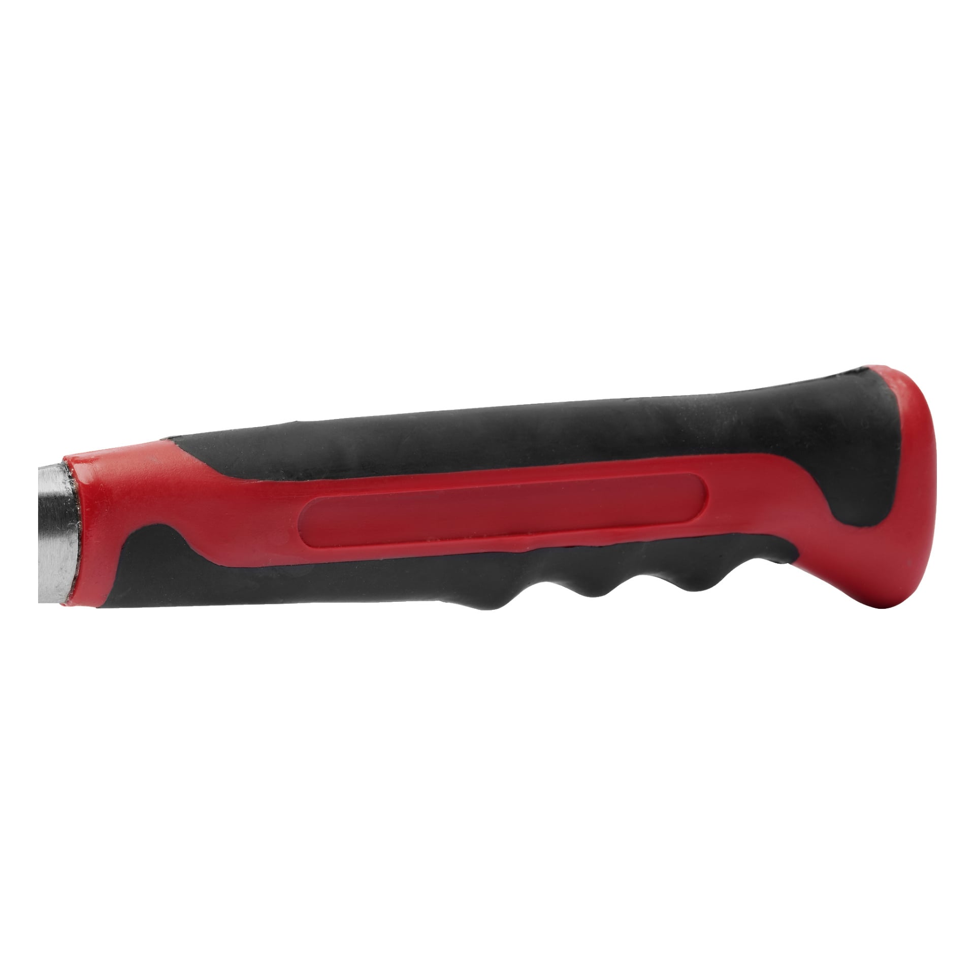 Närbild på Meec Tools Carpenters hammarhandtag, visat i svart och rött gummi. Designen inkluderar fingerspår och en texturerad, halkfri yta för att förbättra greppet.