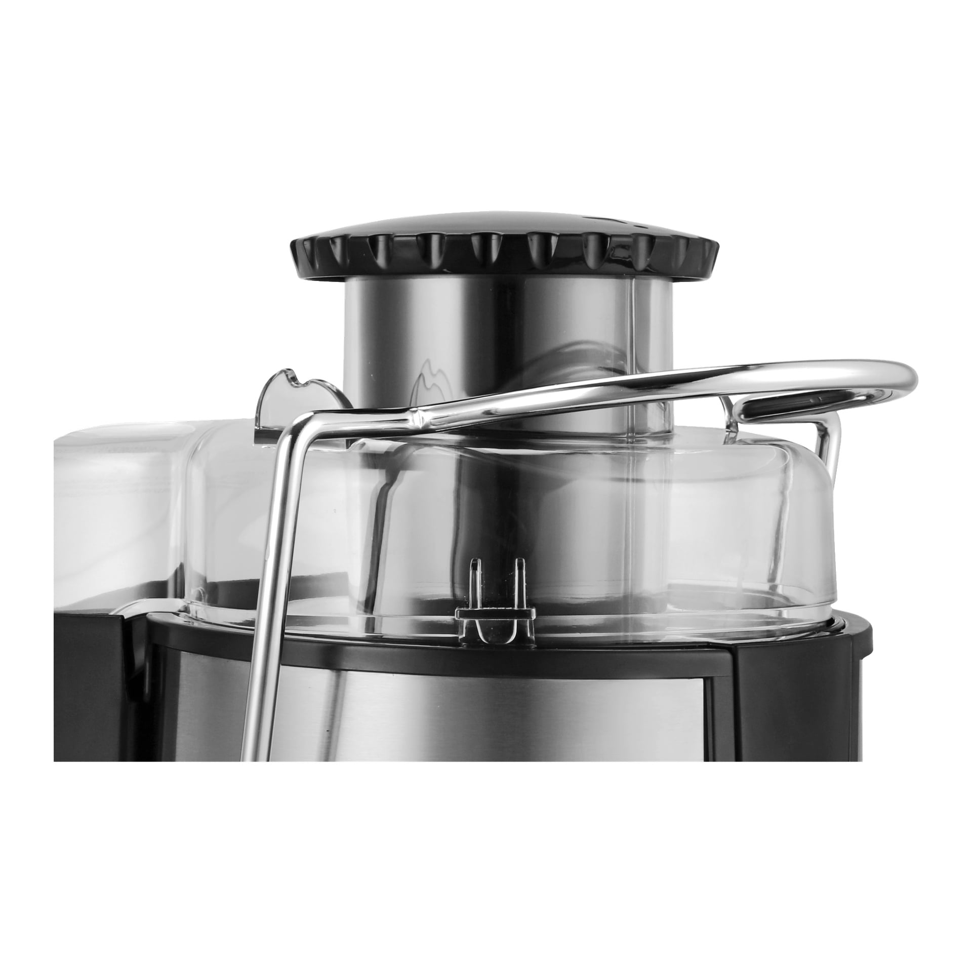 Detaljerad vy av den övre delen av Bright Slows juicer-set med 7 delar, som visar dess konstruktion i rostfritt stål och plast. Matningsrännan har ett svart lock ovanpå, och en kromad låsarm håller det genomskinliga locket ordentligt fastsatt.