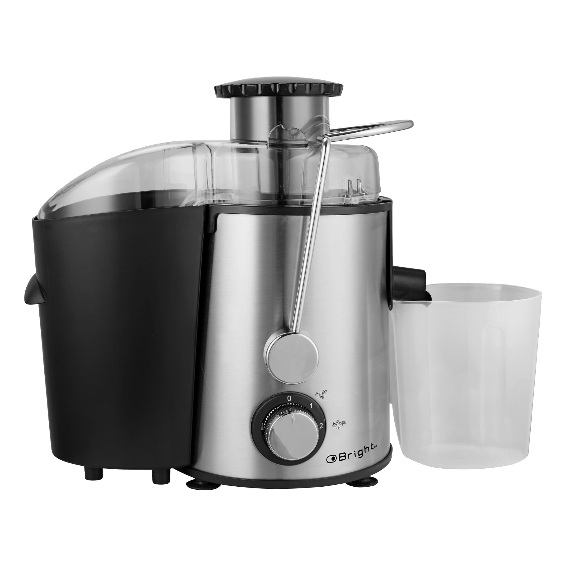 Bright Slow Juicer, joka koostuu seitsemästä osasta, mukaan lukien ruostumattomasta teräksestä valmistetut osat, läpinäkyvä kansi, mustat yksityiskohdat, ohjaussäädin, annostusnokka ja läpinäkyvä muovinen mehukuppi oikealla puolella.