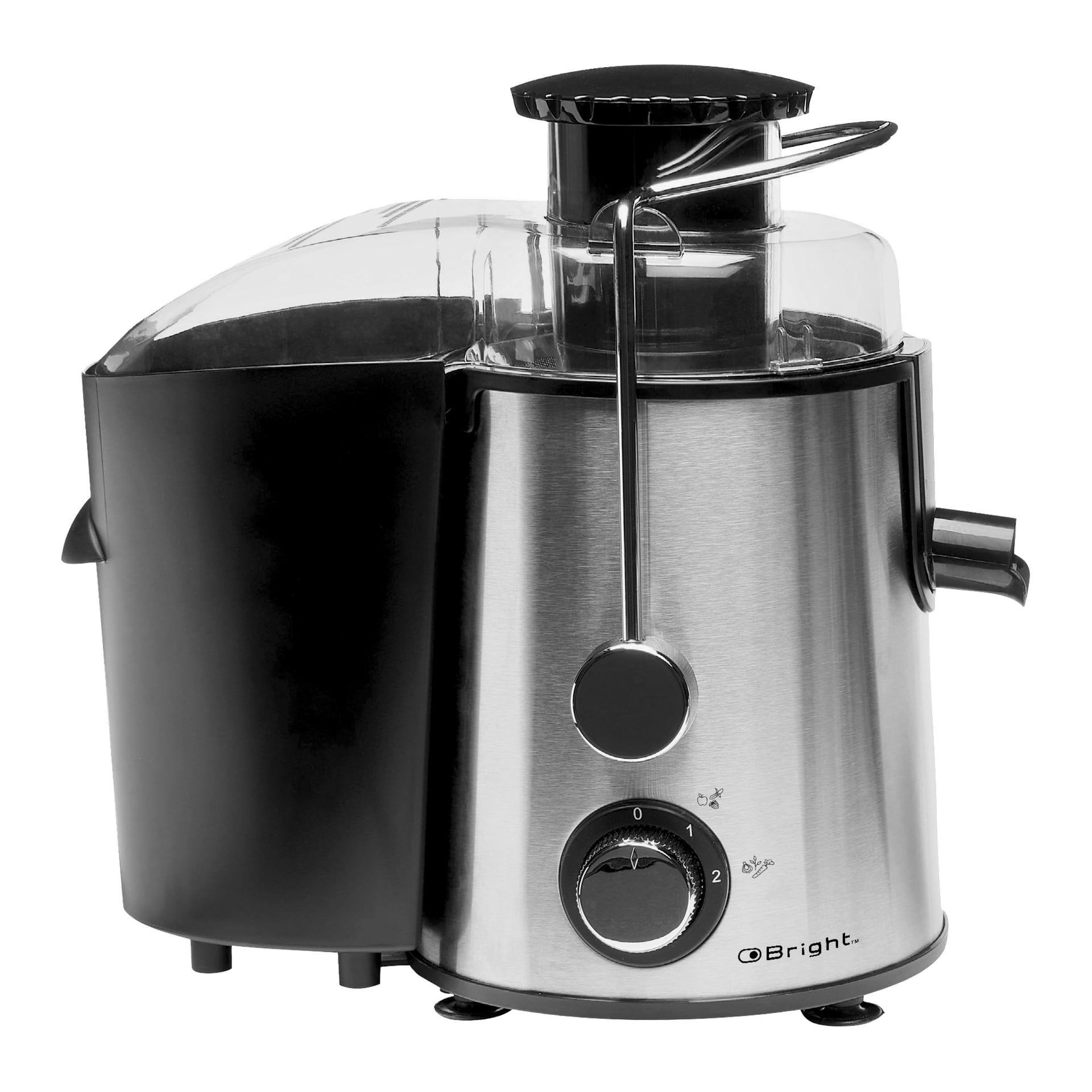 Ett Bright Slow-juiceset bestående av 7 delar, med en bas i rostfritt stål, ett transparent lock, ett vertikalt handtag och en cirkulär frontratt som erbjuder två hastighetsalternativ. Både pipen och pulpbehållaren syns.