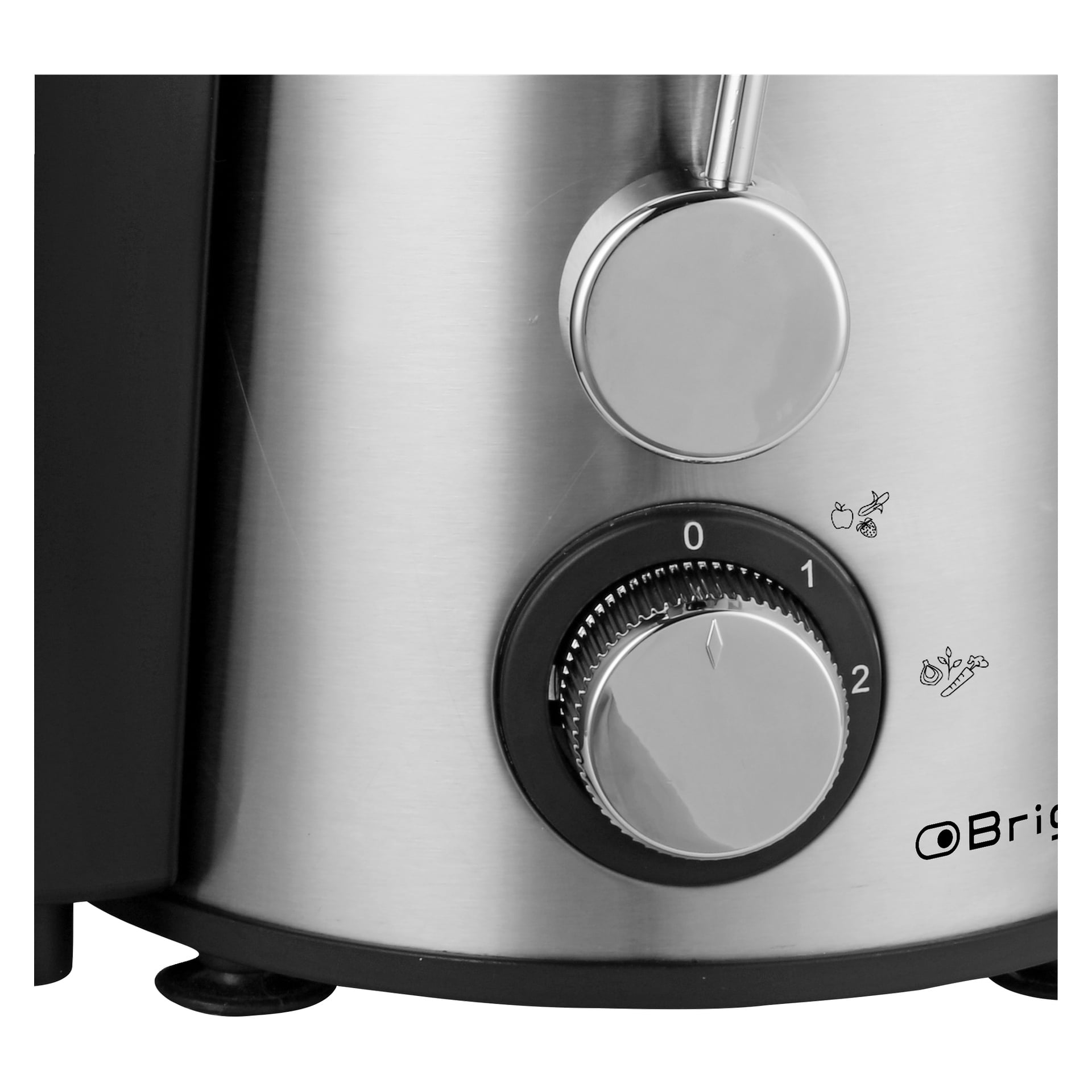Närbild av Bright Slow juicer 7-delars set, en slank silverfärgad apparat med en rundad kontrollratt som visar inställningarna 0, 1 och 2, var och en ackompanjerad av frukt- och grönsaksikoner. Bright-logotypen är delvis synlig i nedre högra hörnet.