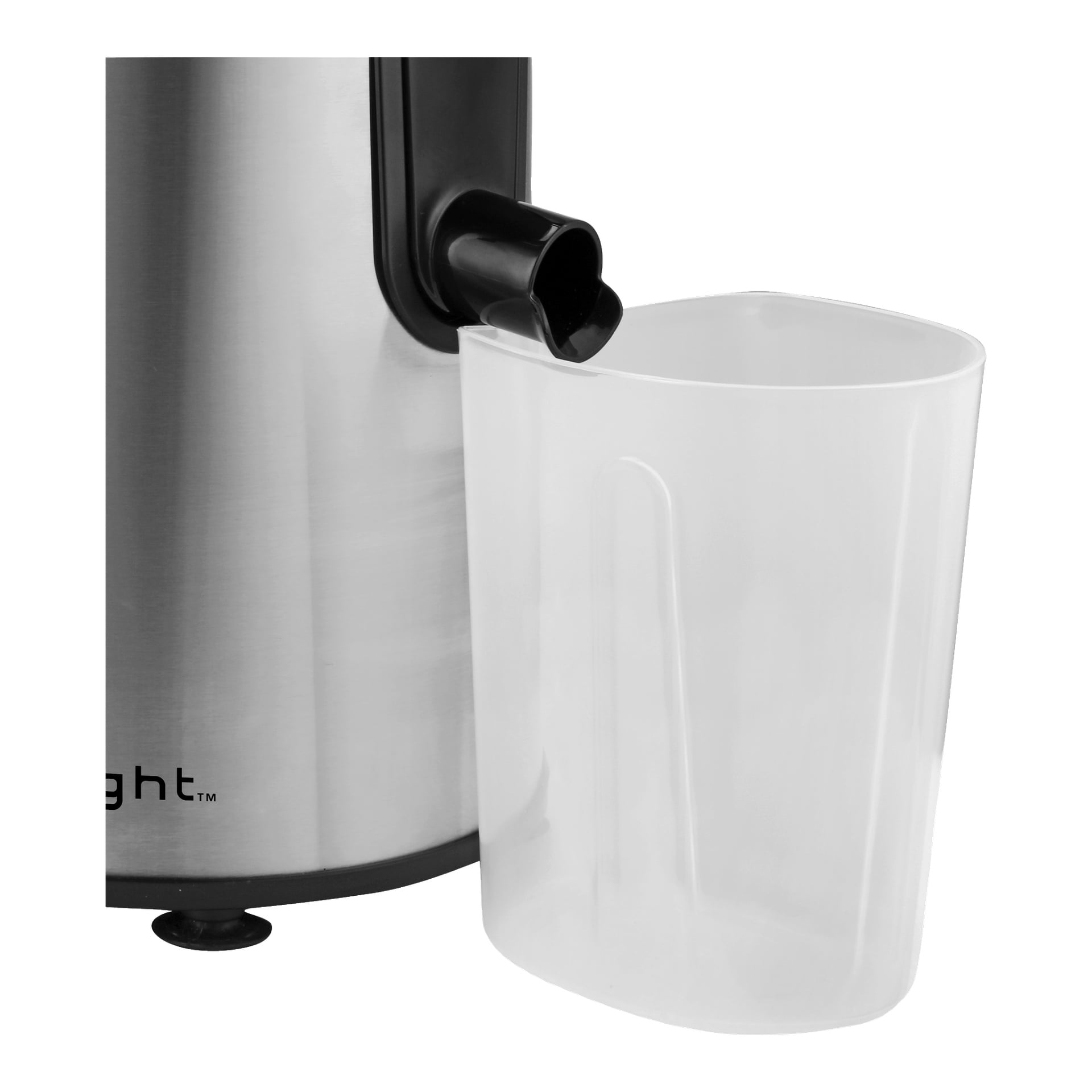 Pipen på Bright Slow Juicer 7 Pieces visas i närbild, svävande över en genomskinlig plastbehållare redo att fånga juice, med en del av den rostfria juicepressen synlig på vänster sida.