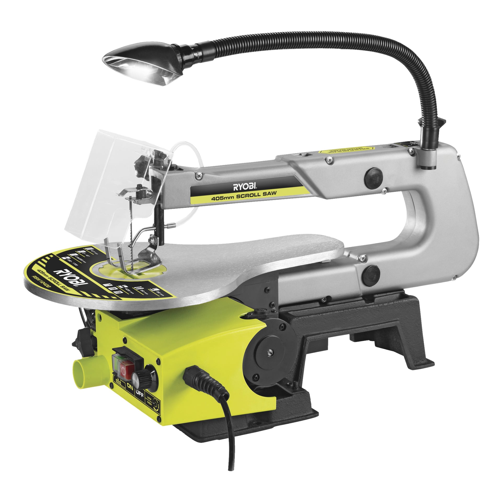 Ryobi Scroll Saw RSW1240G har en skärkapacitet på 405 mm, en fastmonterad lampa, genomskinlig bladskydd, strömbrytare och en solid metallyta. Dess design är huvudsakligen silver och gult med svarta detaljer.