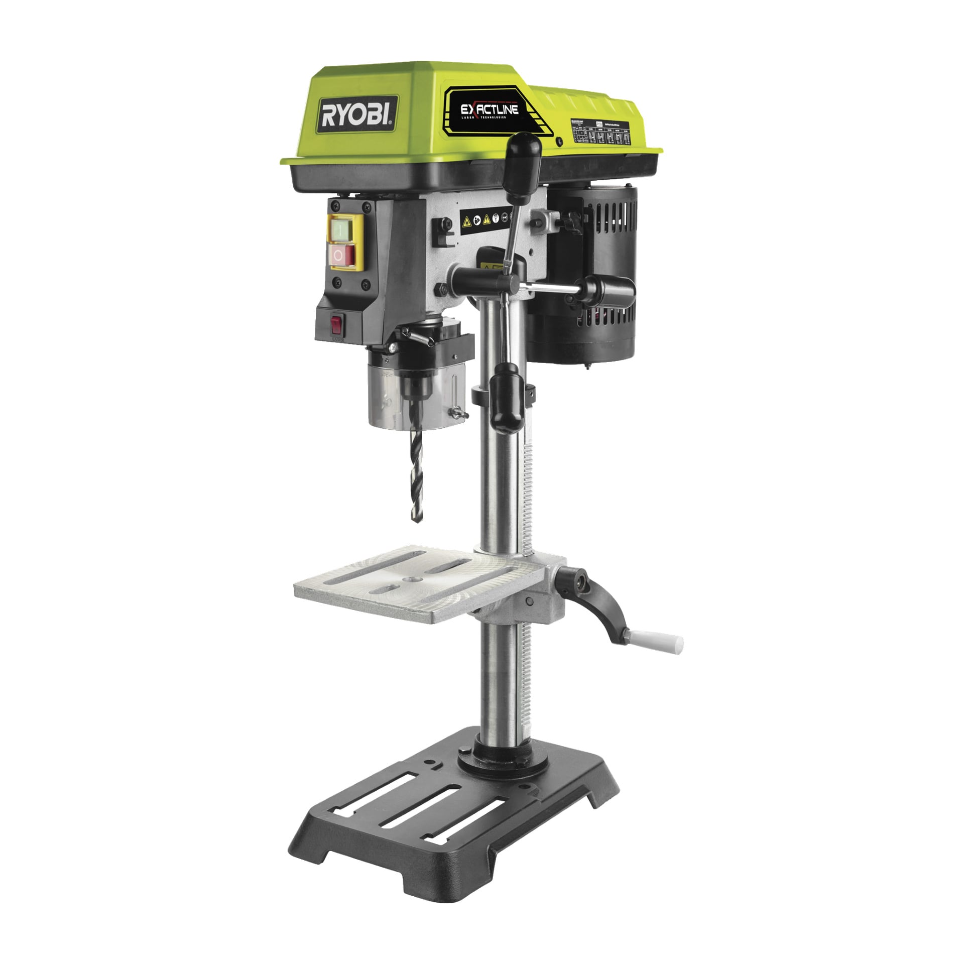 Ryobi Column Drillmachine RDP102L posiada charakterystyczną zielono-czarną obudowę silnika, stoi na solidnej metalowej podstawie i posiada regulowany stół roboczy. Panel sterowania wyposażony jest w przełączniki zasilania, a wiertło jest zamocowane w skurwy. Boczna rączka ułatwia podnoszenie lub opuszczanie stołu.