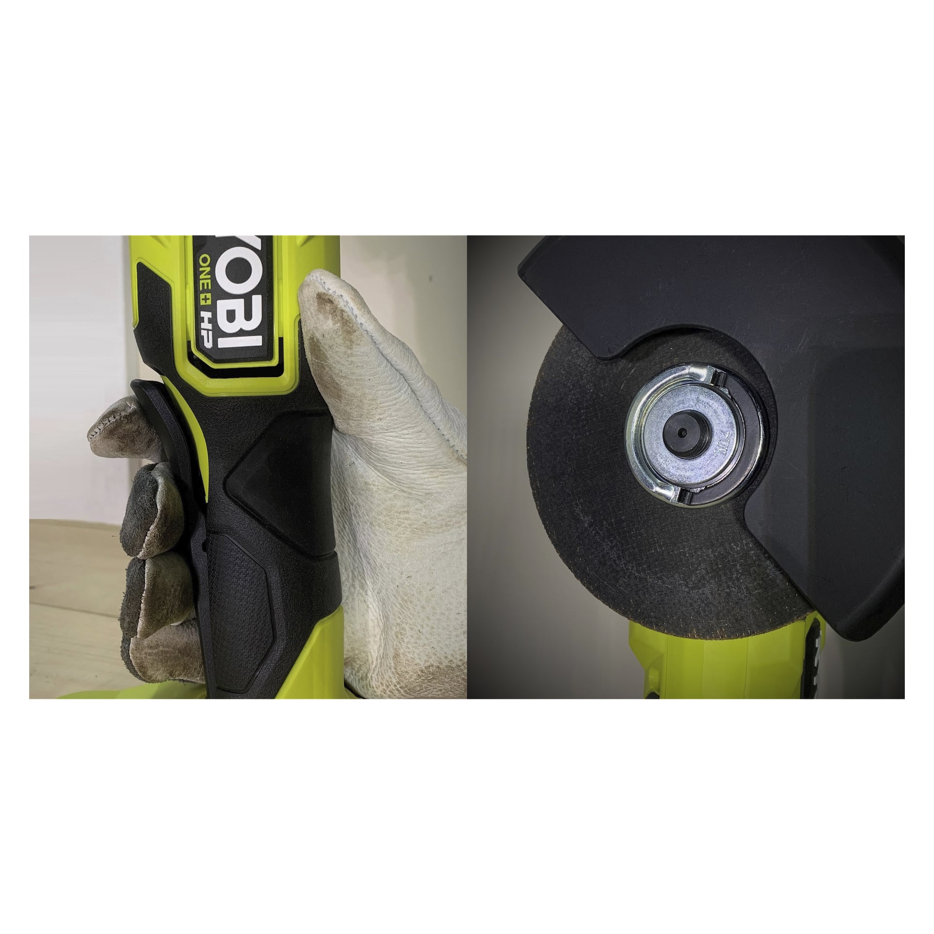 Ręka w rękawiczce trzyma szlifierkę kątową Ryobi One+ HP RAG18X-140SJ na lewym obrazku, natomiast prawy obraz pokazuje szczegółowy widok ściernego tarczy i wrzeciona szlifierki na tle gładkiego tła.