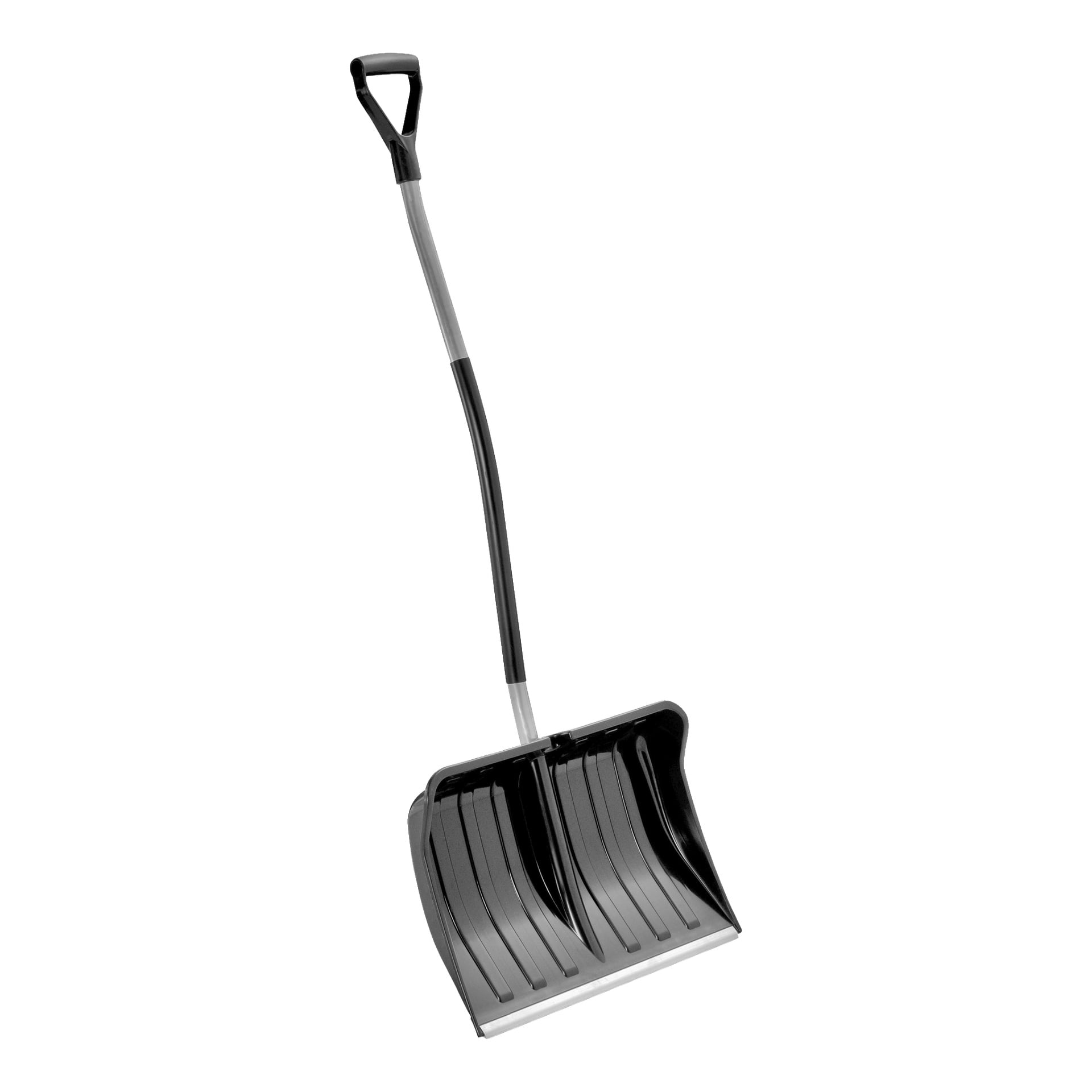 En Hard Head snöskyffel med ett stadigt aluminiumhandtag, en bred svart plastskopa förstärkt med en metallremsa längs kanten och ett utdraget lätt böjt handtag som avslutas i ett D-format grepp.