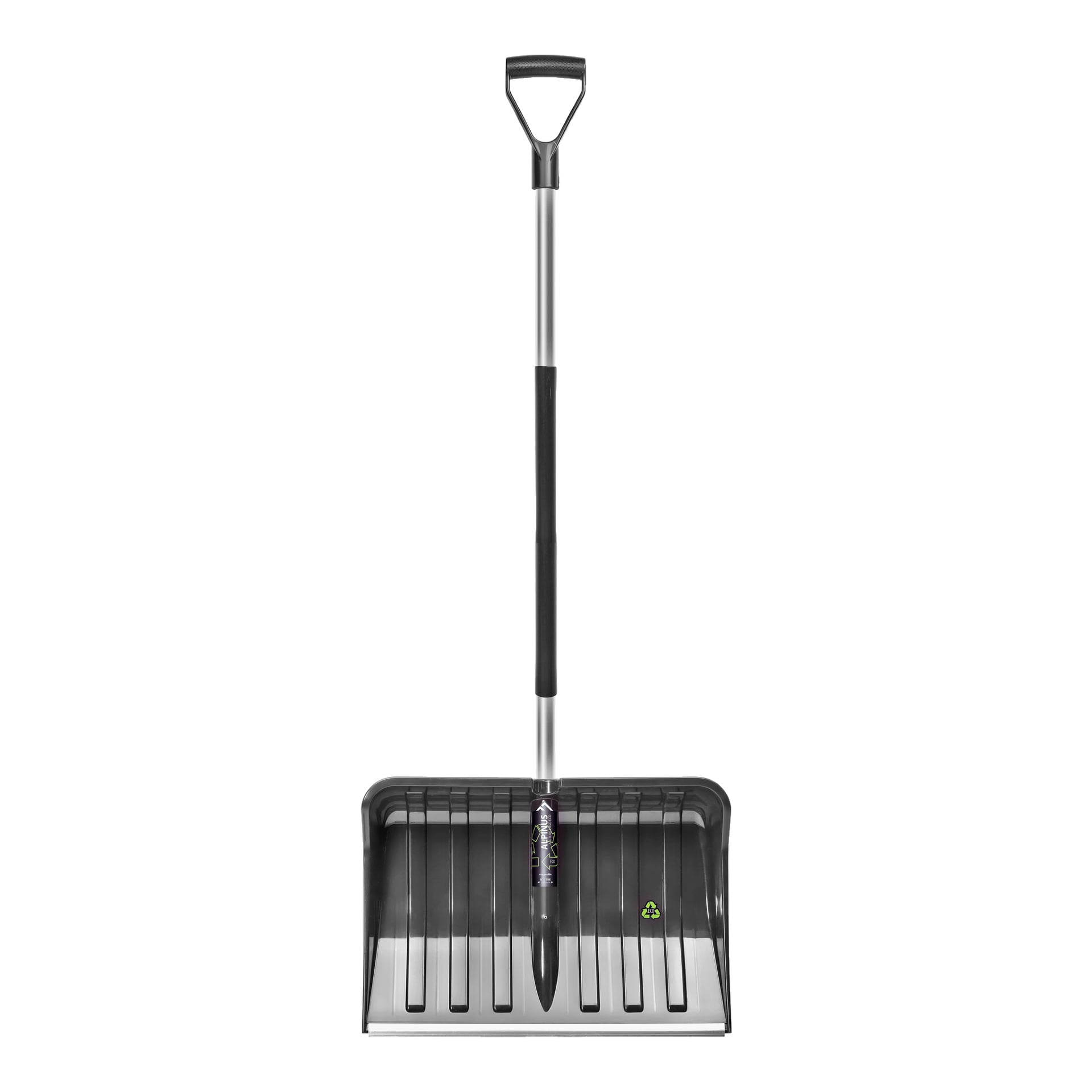 En Hard Head snöskyffel med ett aluminiumhandtag, utrustad med ett brett svart och silverfärgat plastblad. Den inkluderar ett D-format grepp upptill och ett extra grepp i mitten av skaftet. En liten grön återvinningssymbol syns på bladet.