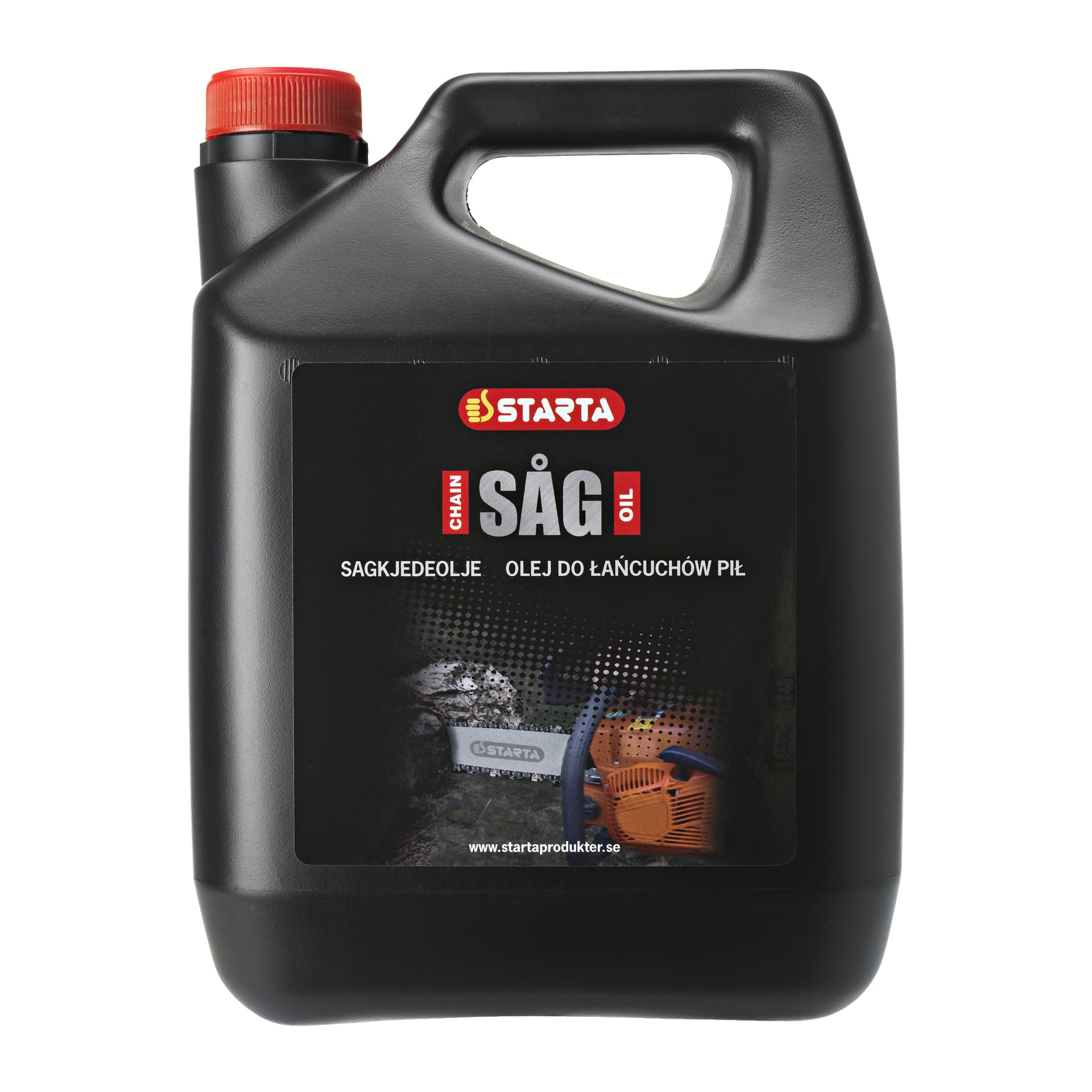 En svart 4-liters plastbehållare med ett rött lock, märkt "Starta Saw chain oil VG-100," som visade produktinformation och en bild av en motorsåg på framsidan.