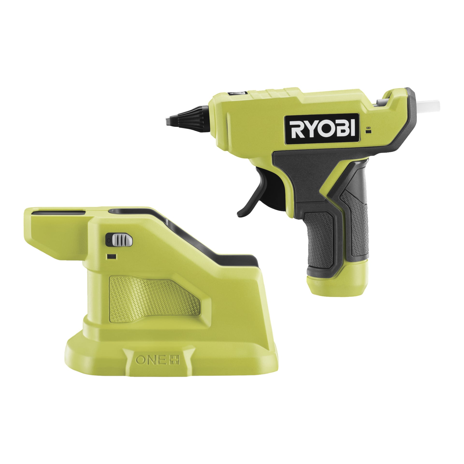 En Ryobi One+ RGLM18-0 batteridriven limpistol och dess gröna laddningsdocka med svarta detaljer är placerade bredvid varandra.