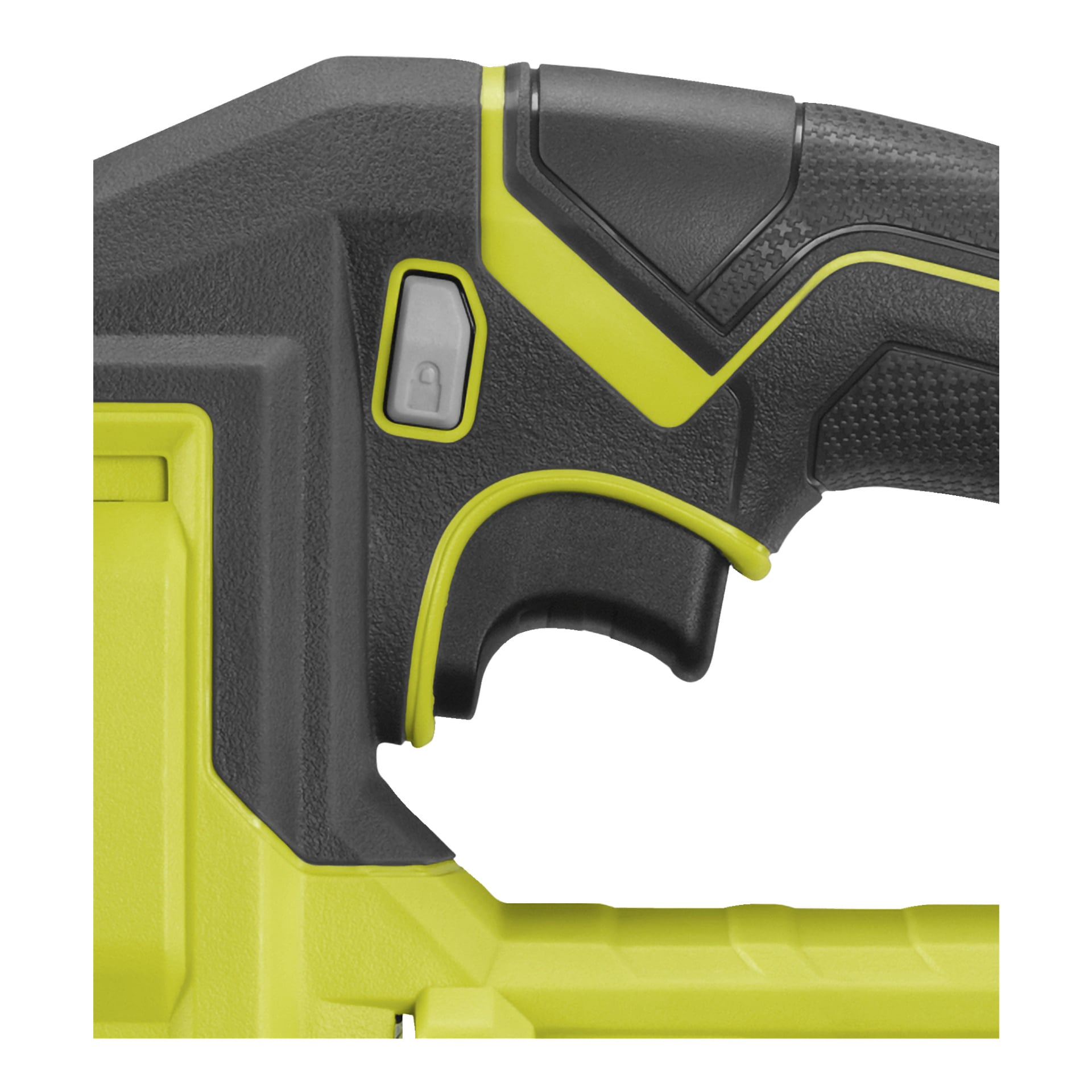 Detaljerad vy av Ryobi One+ RJS18-0 batteridrivna sticksågshandtag i svart och livfullt gulgrönt, med ett texturerat grepp, avtryckare och en liten grå knapp med låssymbol ovanför avtryckaren.