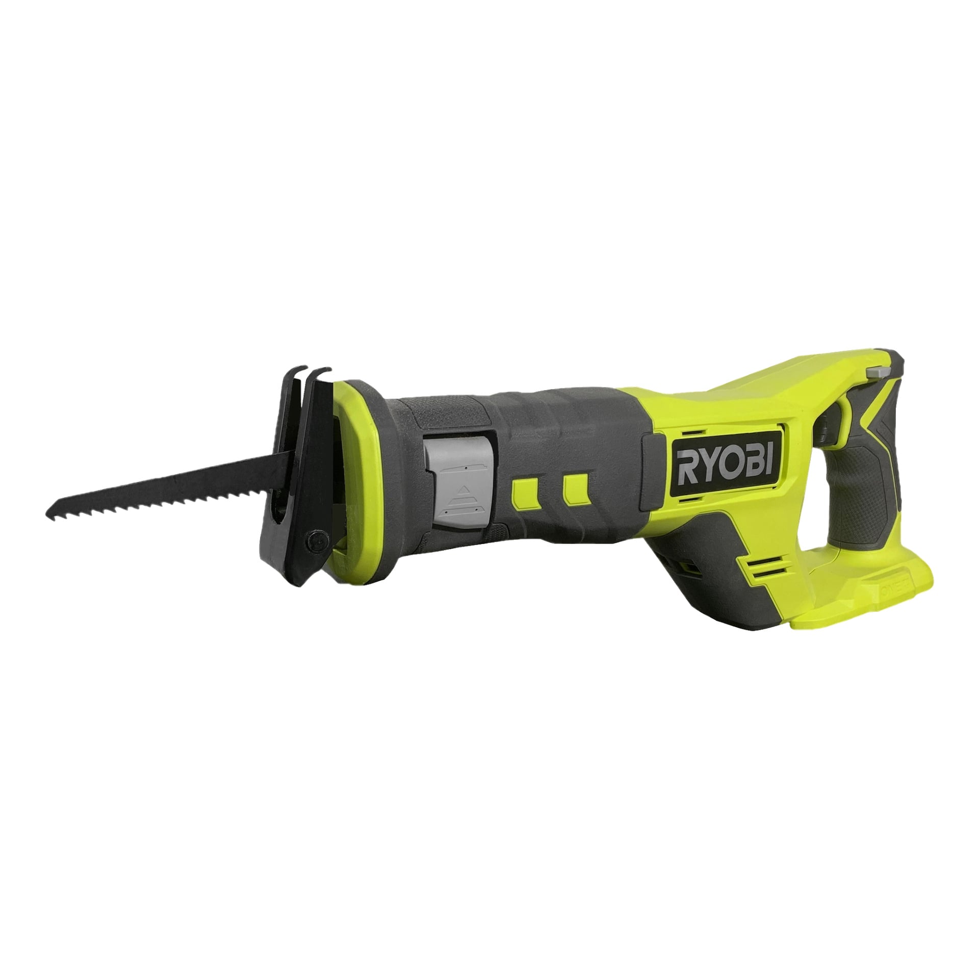En gul och svart Ryobi One+ sladdlös bajsåg RRS18-0 med synligt blad, ergonomiskt handtag och avtryckare. Sidan av verktyget visar varumärket Ryobi One+.