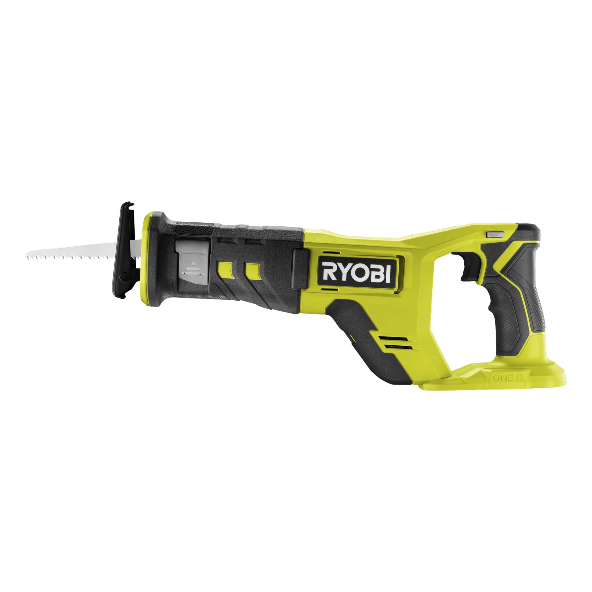 Sidovy av den gula och svarta Ryobi One+ RRS18-0 batteridrivna bajsågen, med ett fäst blad men utan batteri.