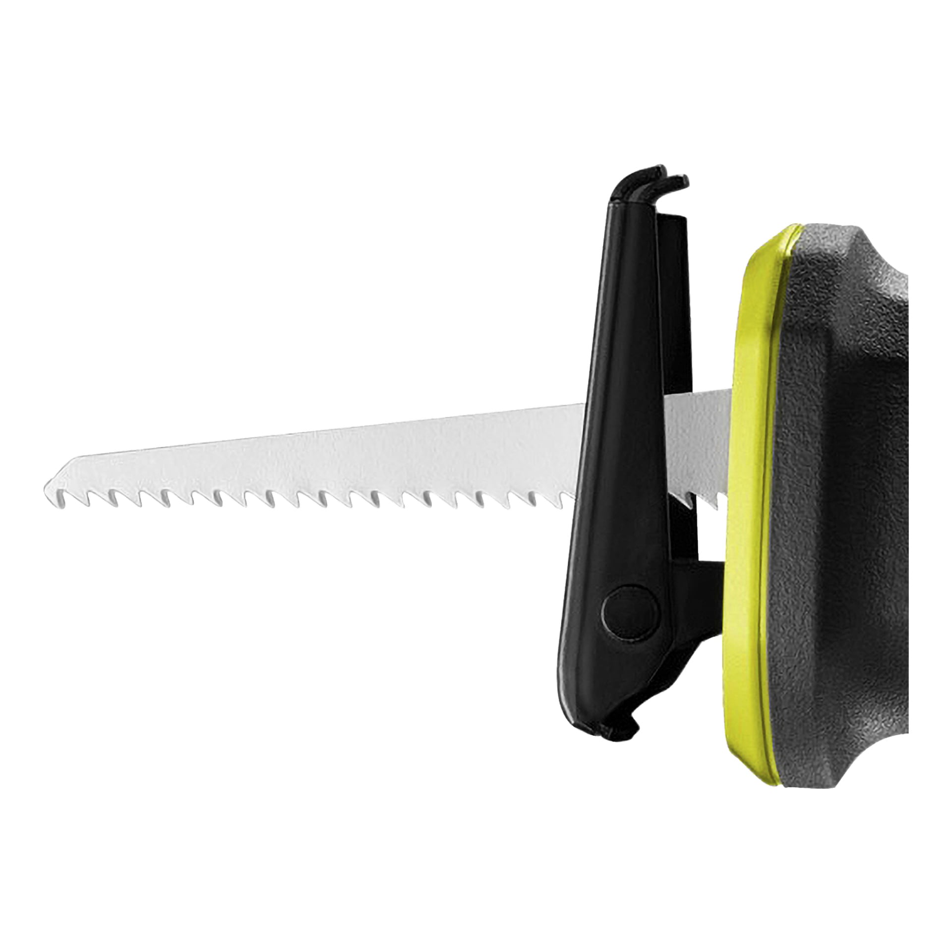 Detaljerad vy av Ryobi One+ batteridrivna kolvsåg RRS18-0, med ett tandat blad delvis utdraget och ett handtag med svarta och gula detaljer som framhäver verktygets sidoprofil.