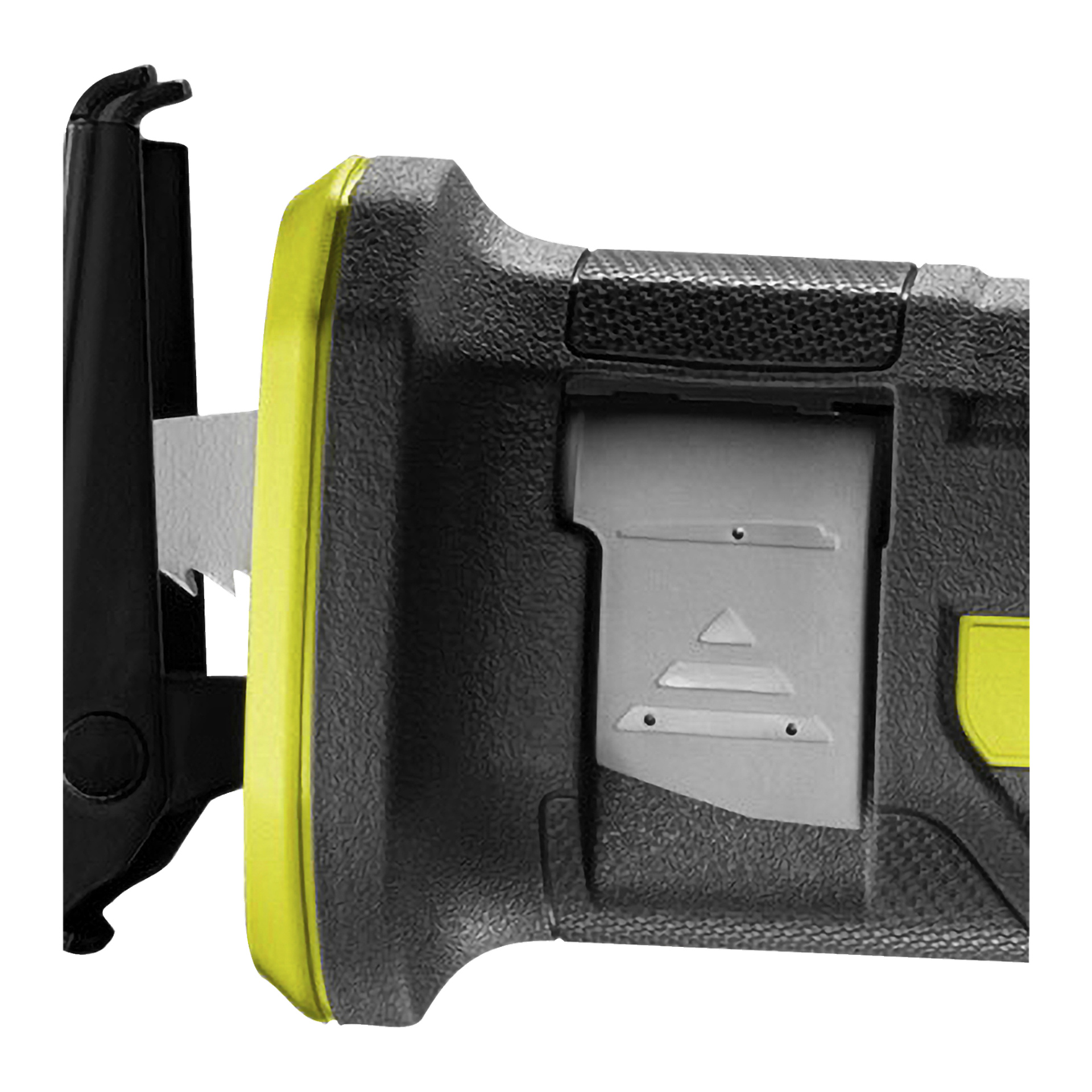 Detaljerad vy av Ryobi One+ Batteridrivna kolvsåg RRS18-0, som framhäver det delvis förlängda metallbladet och den svarttexturerade plastkroppen med gula detaljer. Bladfrigöringsmekanismen är tydligt synlig.