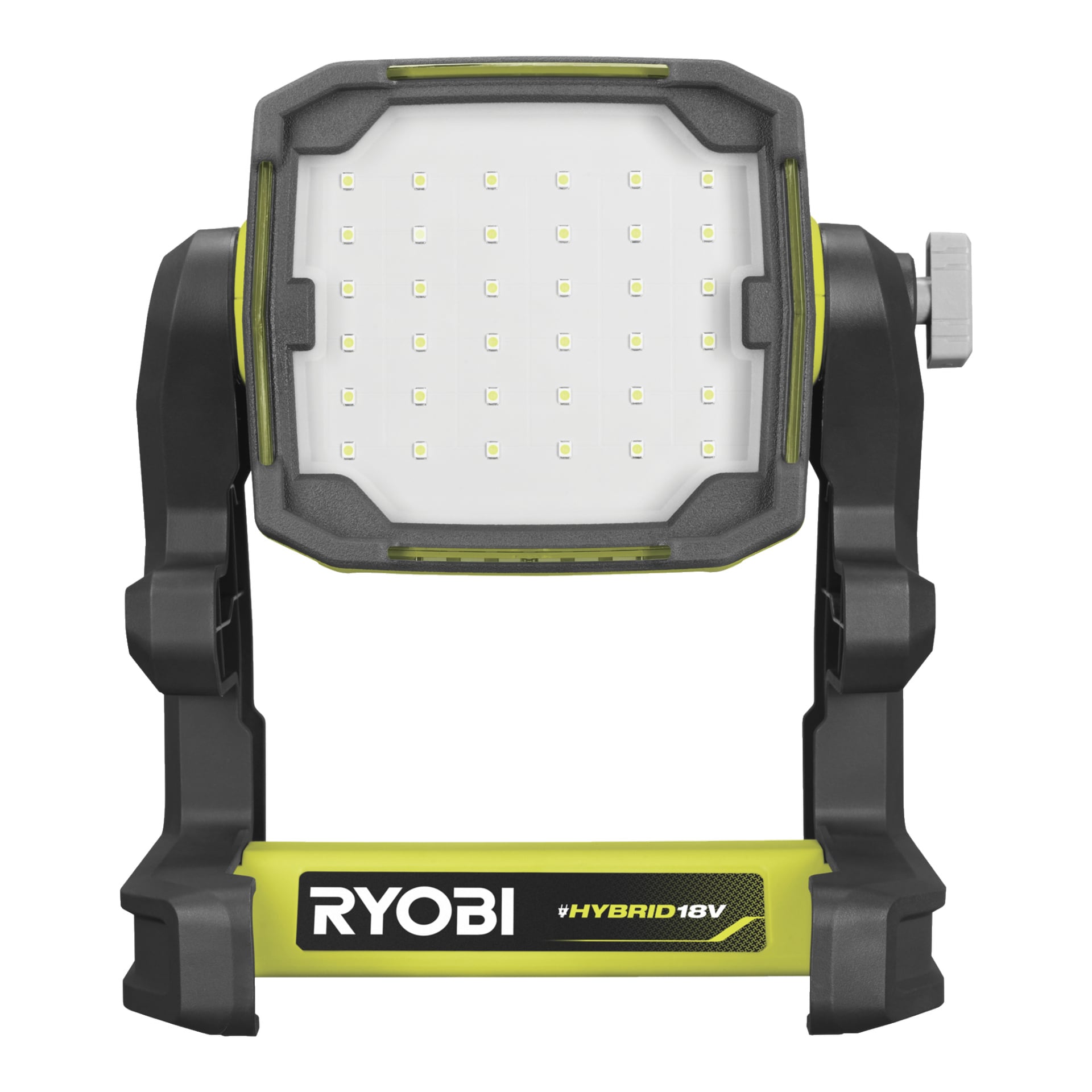 Bateriowa lampa robocza LED Ryobi One+ z prostokątną głowicą mieszczącą 30 małych diod LED, zamontowana na regulowanym czarno-żółtym stojaku.