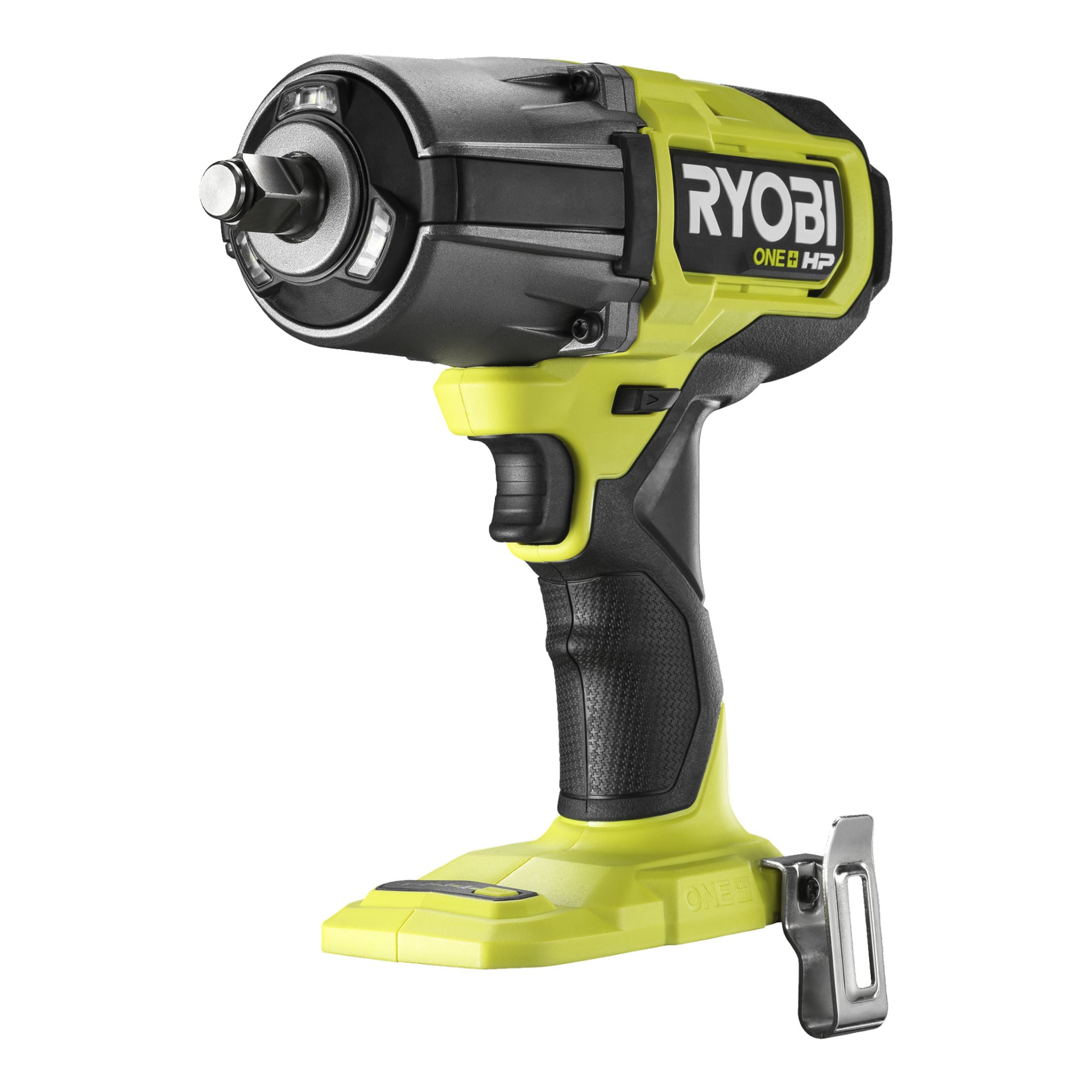 Klucz udarowy Ryobi One+ HP RIWH18X-0, o czarno-jaskrawozielonym wzorze, stoi pionowo pod kątem trzech czwartych. Ma metalowy klips do paska przymocowany do podstawy i jest pokazany bez zamontowanej baterii.