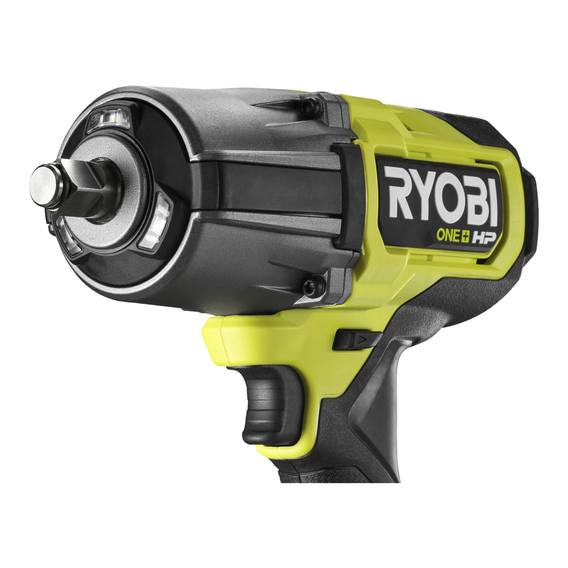 Zbliżenie klucza udarowego Ryobi One+ HP RIWH18X-0, pokazujące metalowe kowadło z przodu oraz jego rozpoznawalne czarno-zielone nadwozie z wyraźnie widocznym znakiem.
