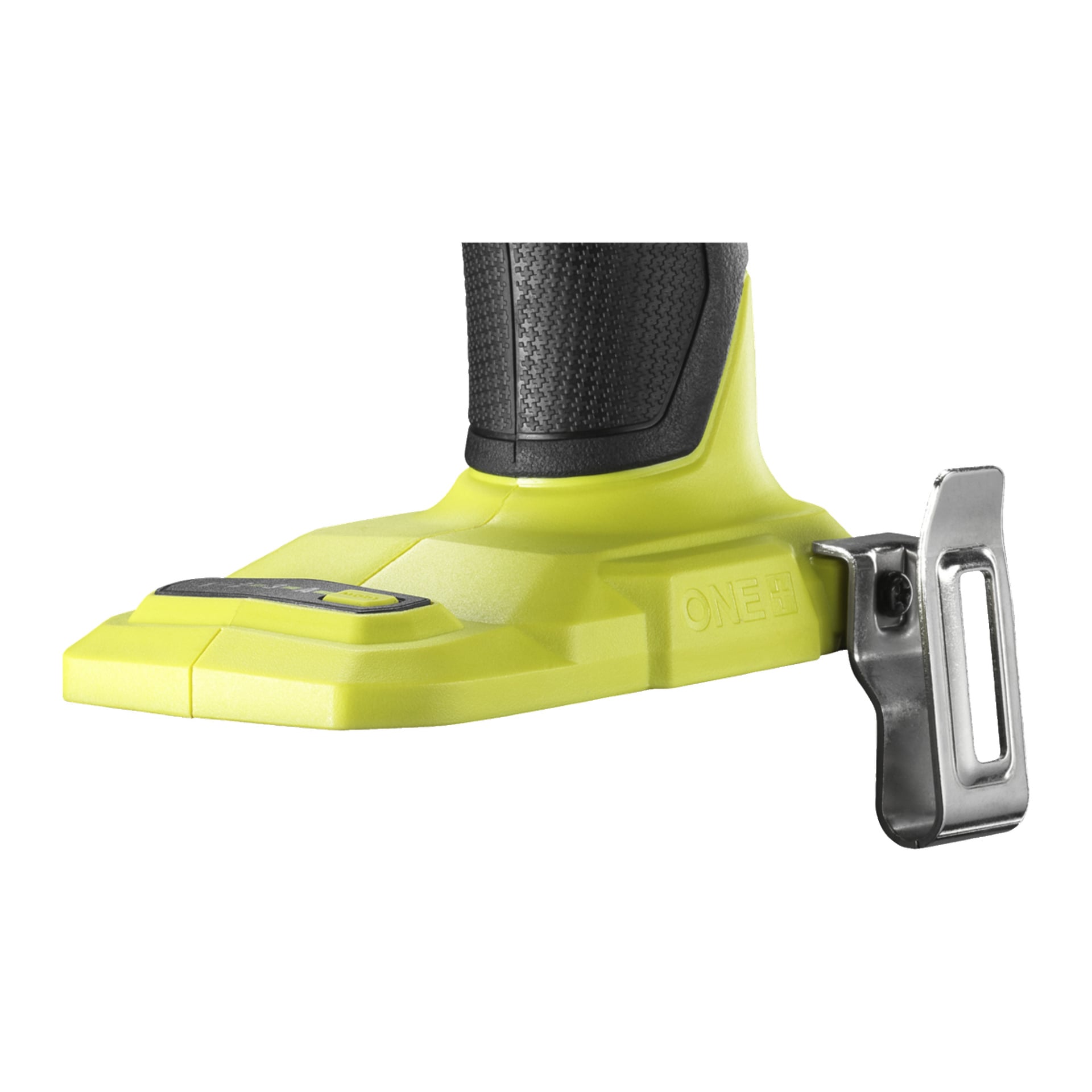 Szczegółowe zbliżenie klucza udarowego Ryobi One+ HP RIWH18X-0, prezentującego jego żółto-czarną kolorystykę, teksturowaną rękojeść oraz metalowy klips do paska przymocowany z boku. Podstawa narzędzia jest wytłoczona napisem ONE+.
