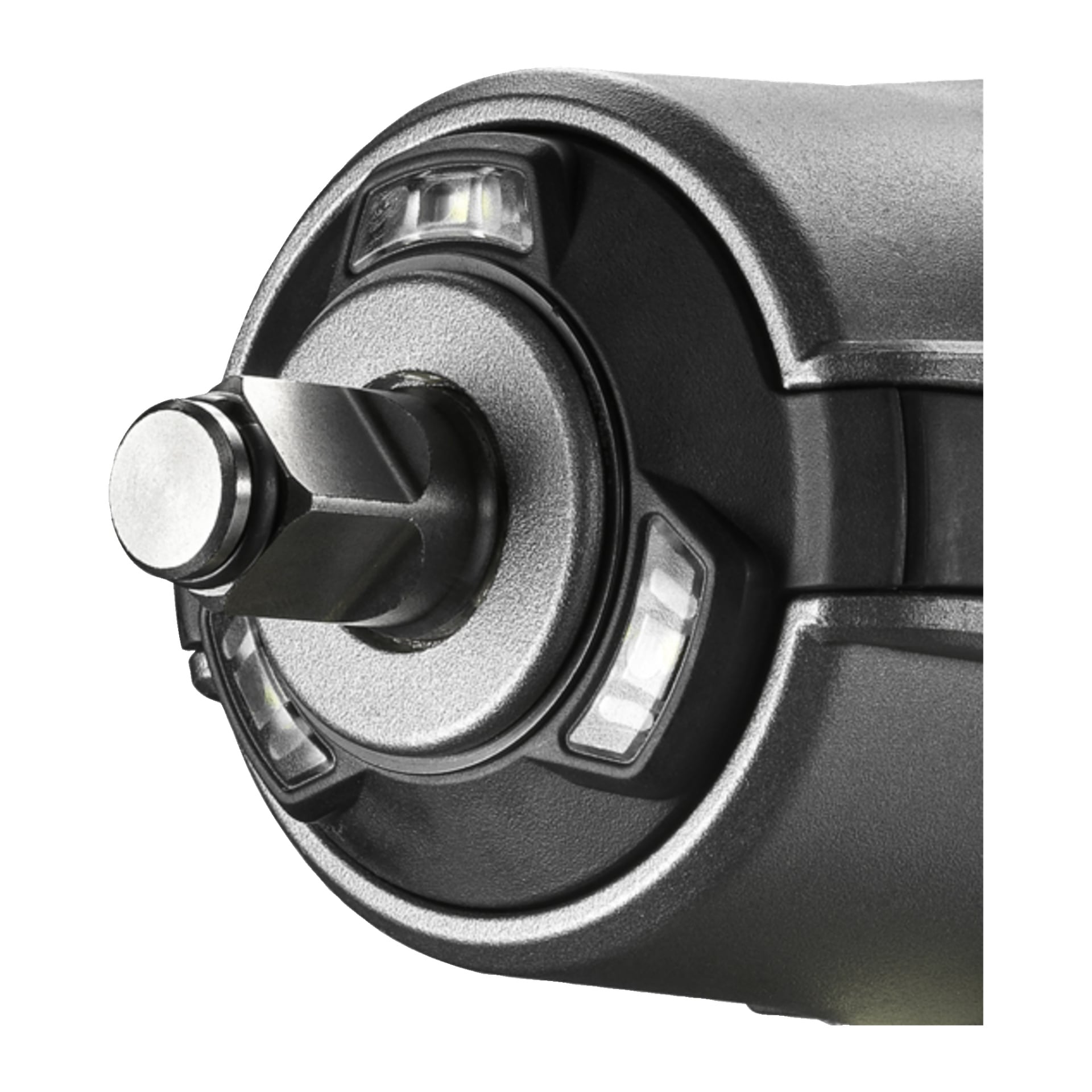 Szczegółowe zbliżenie przedniej części klucza udarowego Ryobi One+ HP zasilanego bateriami RIWH18X-0, podkreślające solidny metalowy napęd oraz kilka zintegrowanych świateł LED umieszczonych wokół głowy. Narzędzie jest wykończone w eleganckim czarno-srebrnym wzorze.