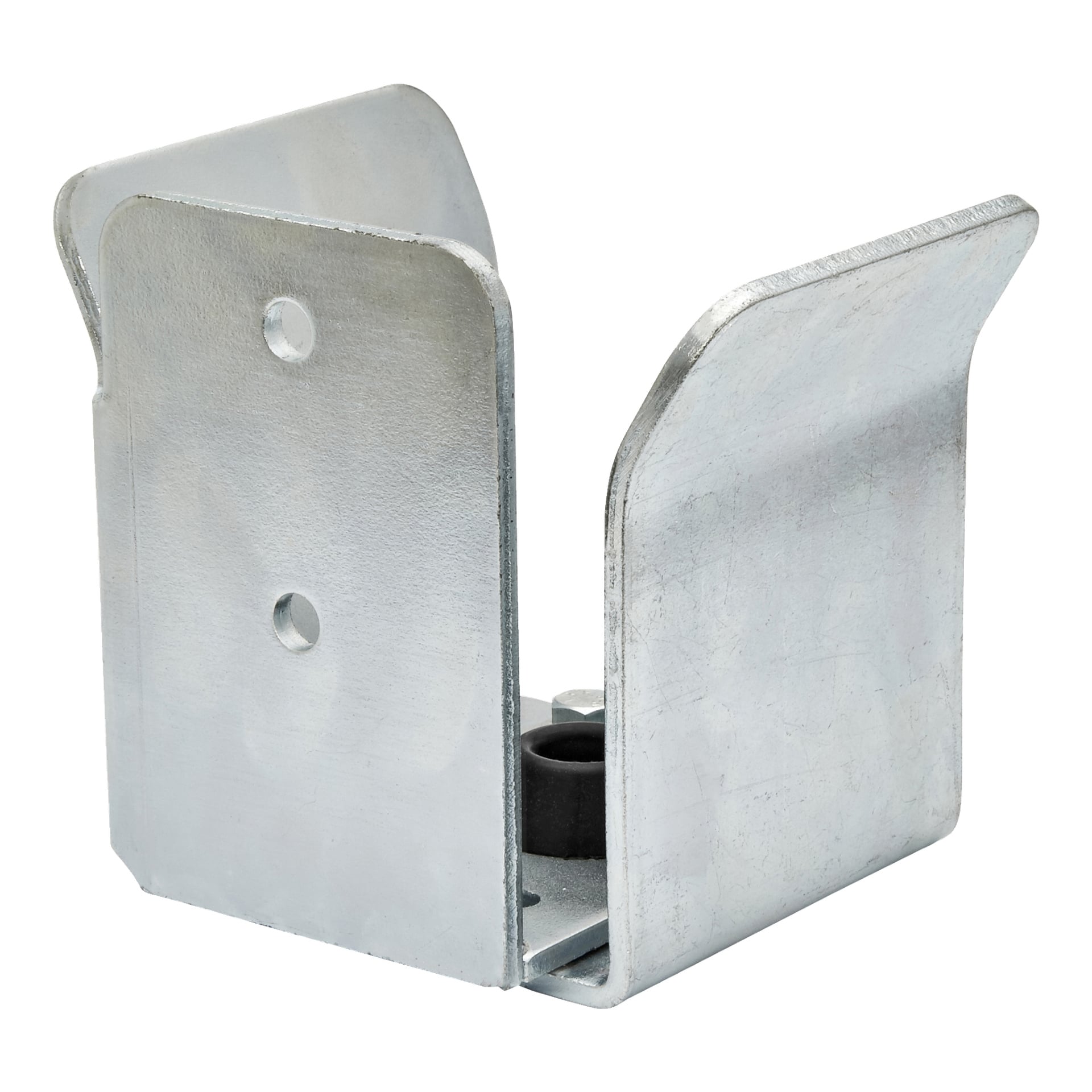 Ett Hard Head skjutdörrstopp av metall, designat med två utvidgade sidor och två hål på ena sidan för att stödja eller koppla ihop material i rät vinkel. Ytan är silverfärgad och det finns en svart gummi- eller plastinsats som tydligt syns vid basen.