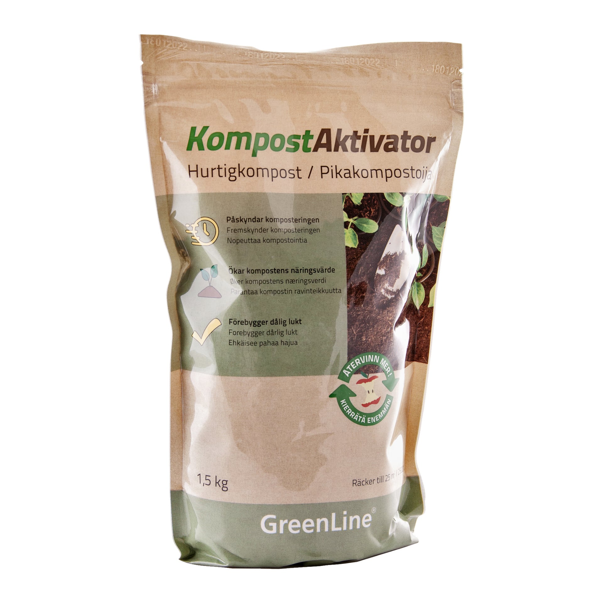 En 1,5 kg GreenLine Compost activator-påse med beige förpackning, gröna och bruna detaljer, samt texten Compost Activator och instruktioner illustrerade för kompostaktivering.
