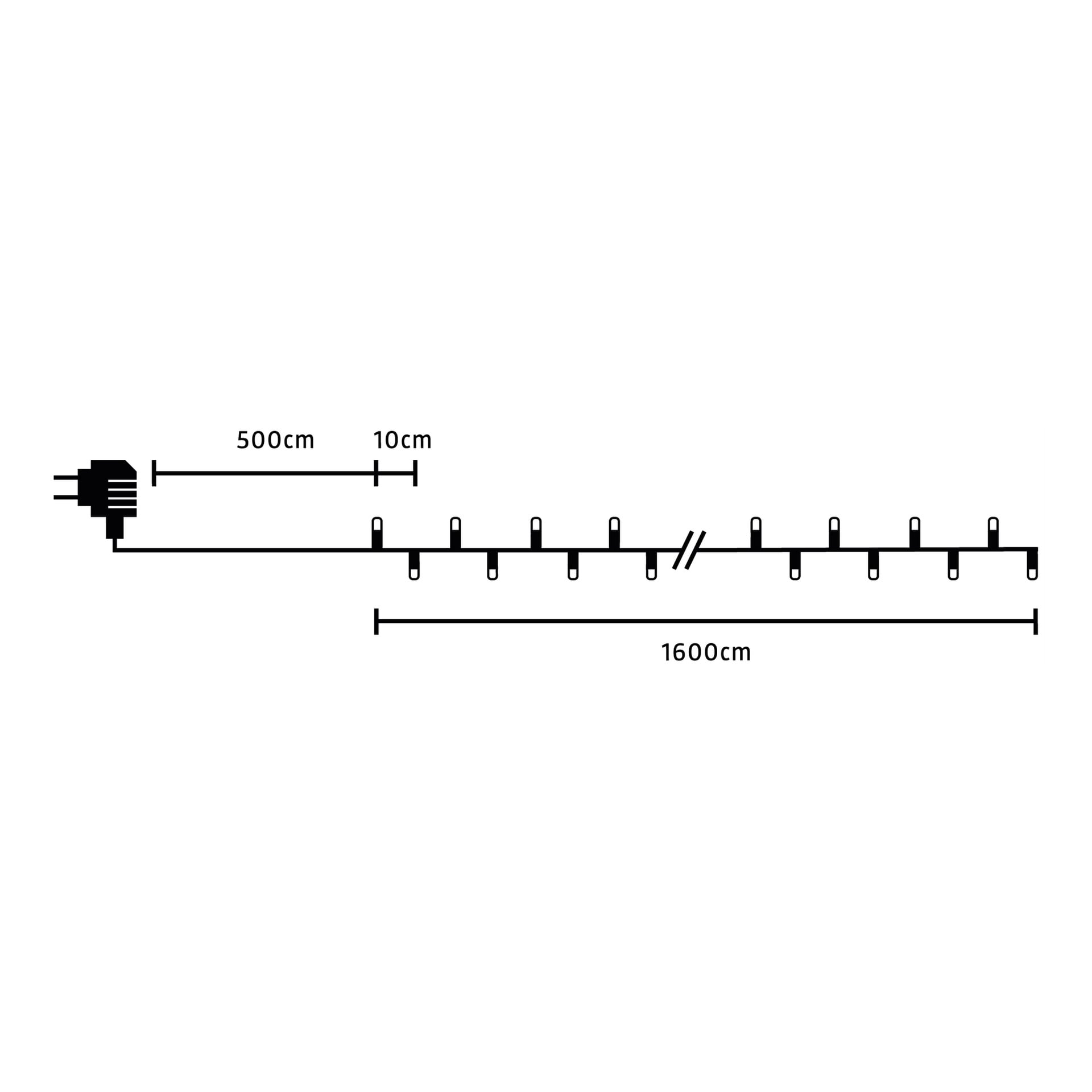 Ett diagram visar en EKVIP LED-strömlampa kopplad till en enda ledning med tio jämnt fördelade vertikala markörer. Mätningarna längs linjen anges som 500 cm, 10 cm och 1600 cm, vilket representerar specifika segment av lampornas totala längd.