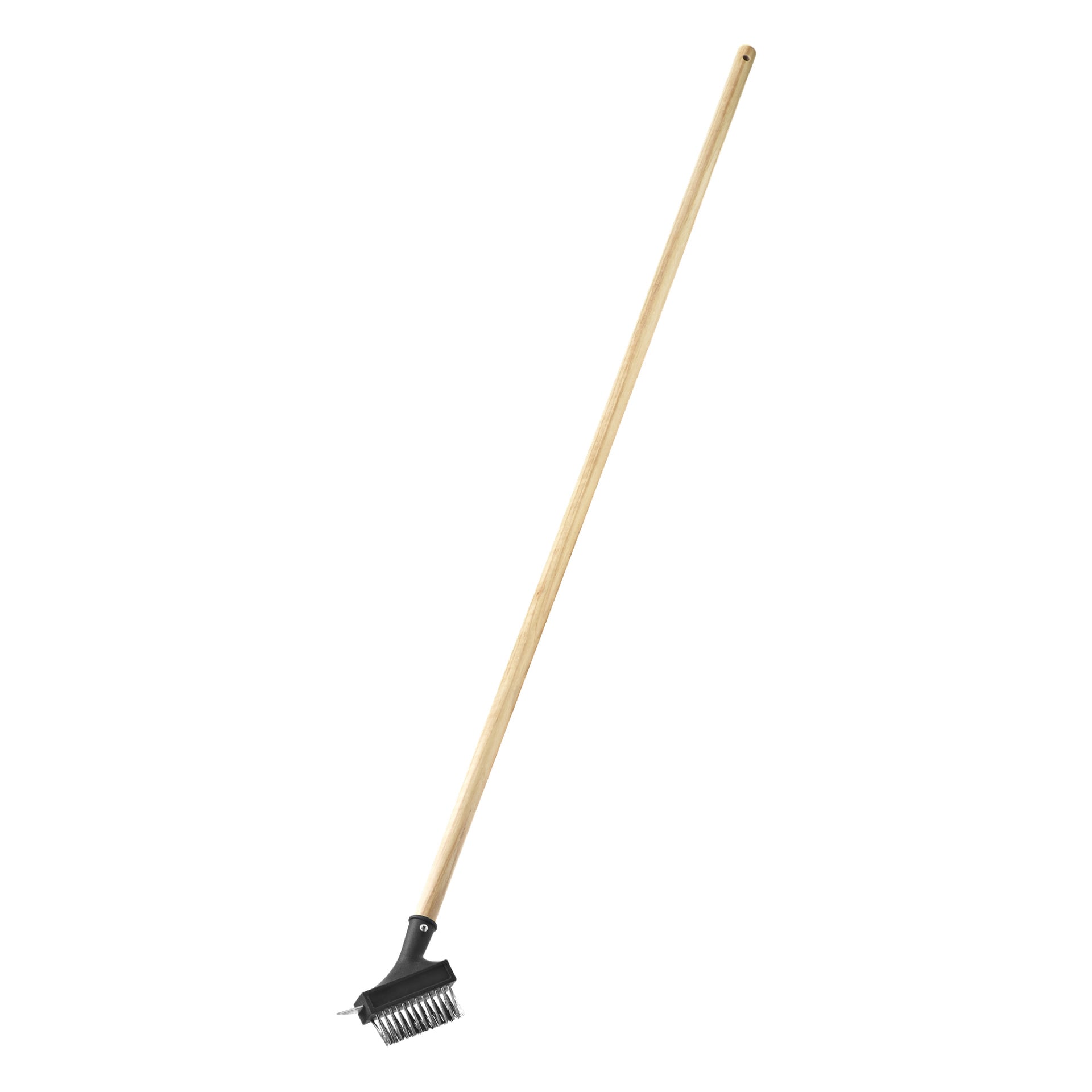 Hard Head Paving Scraper har ett trähandtag och en förlängd design, toppad med ett svart rektangulärt borsthuvud med stadiga metallborst.