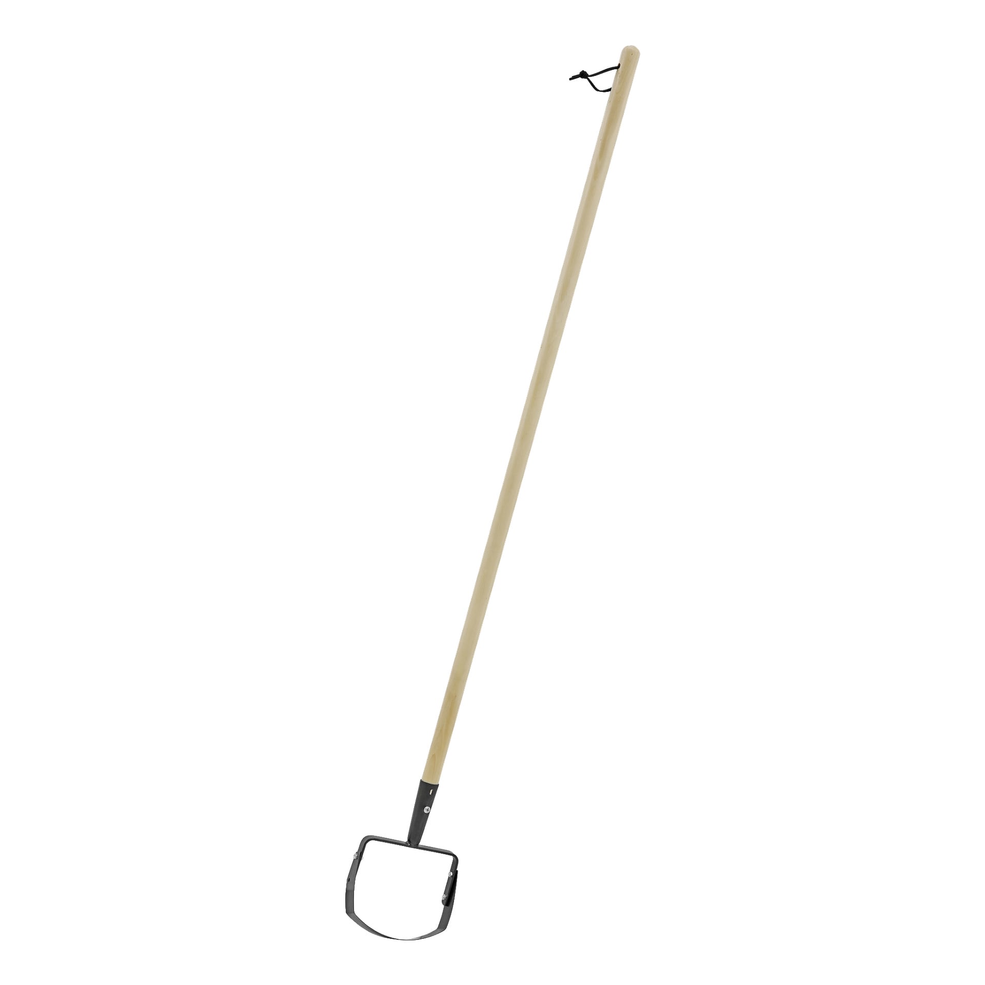 Detta hårda huvud ogräsjärn har ett trähandtag med en liten svart rem fäst nära toppen, och dess metallblad är format i en ögla, lämplig för ogräsborttagning och arbete i trädgården.