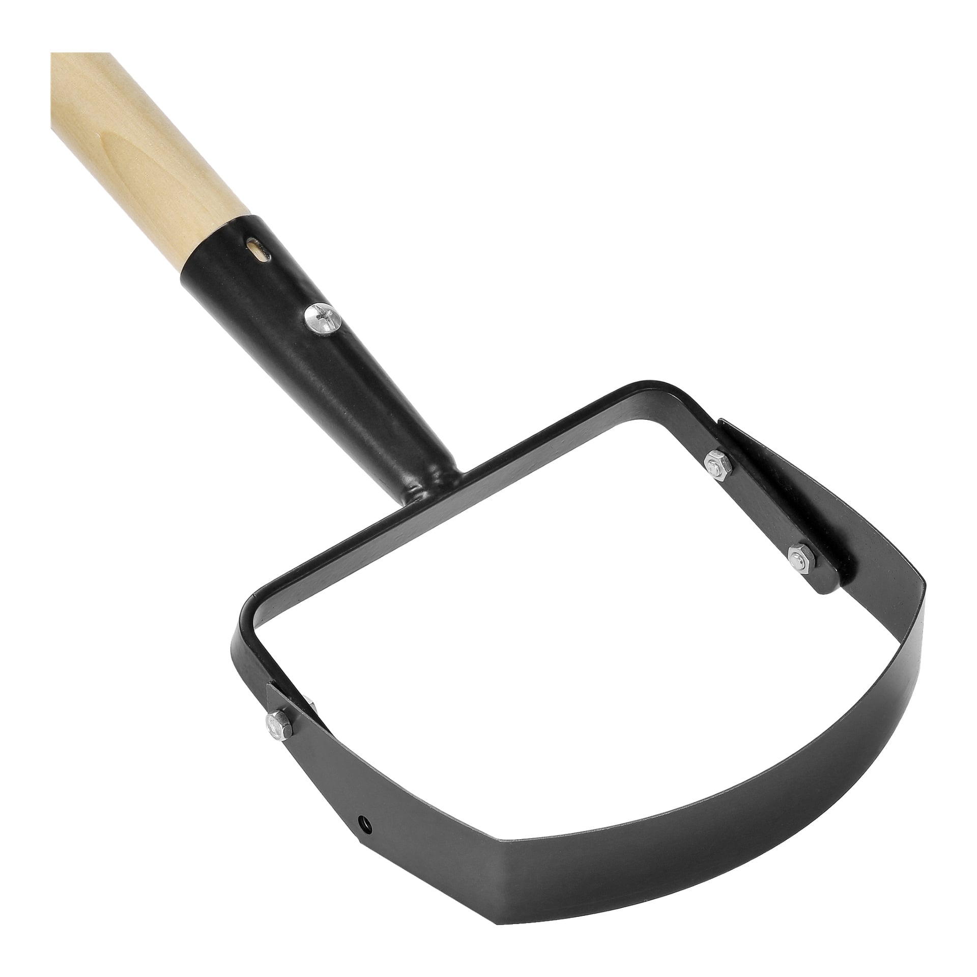 Närbild av Hard Head ogräsjärn, som visar dess trähandtag och en svart rektangulär metallögla avsedd för att ta bort ogräs ur jorden.