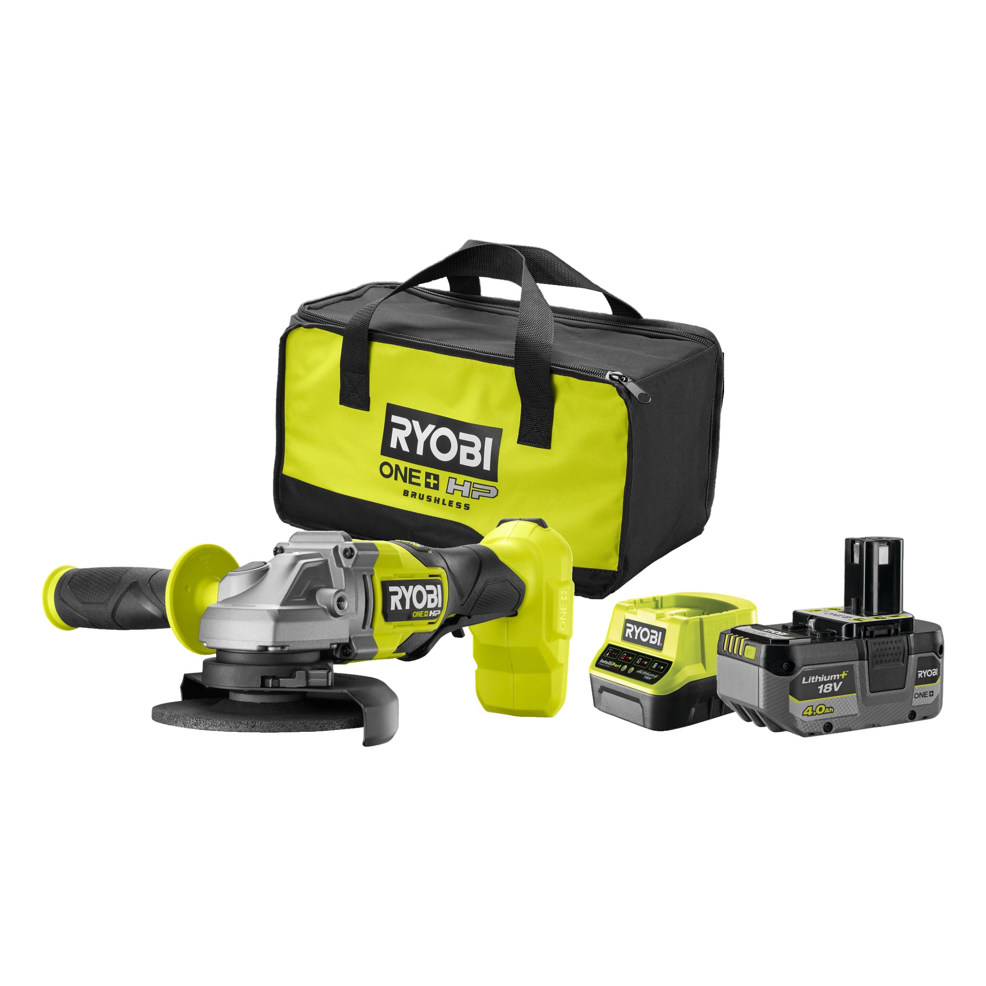Ryobi One+ HP Angle Grinder RAG18X-140SJ jest prezentowany z baterią 18V 4.0Ah, ładowarką oraz torbą magazynową, wszystkie w żółto-czarnych kolorach marki.