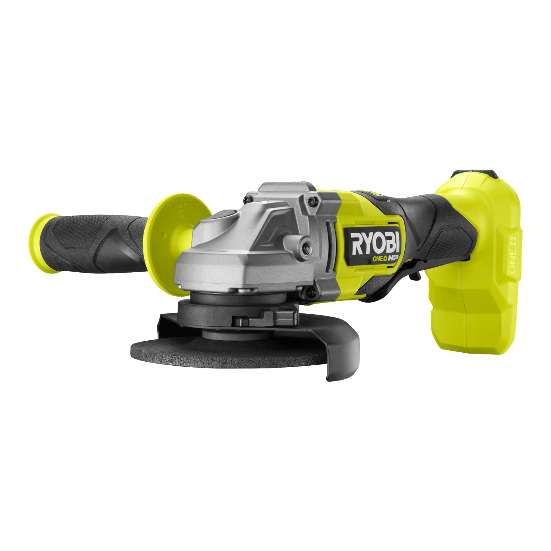 Żółto-Ryobi One+ HP Angle Grinder RAG18X-140SJ wyposażony w boczną rączkę, ścierną tarczę, osłonę ostrza oraz widoczny pakiet baterii z tyłu.