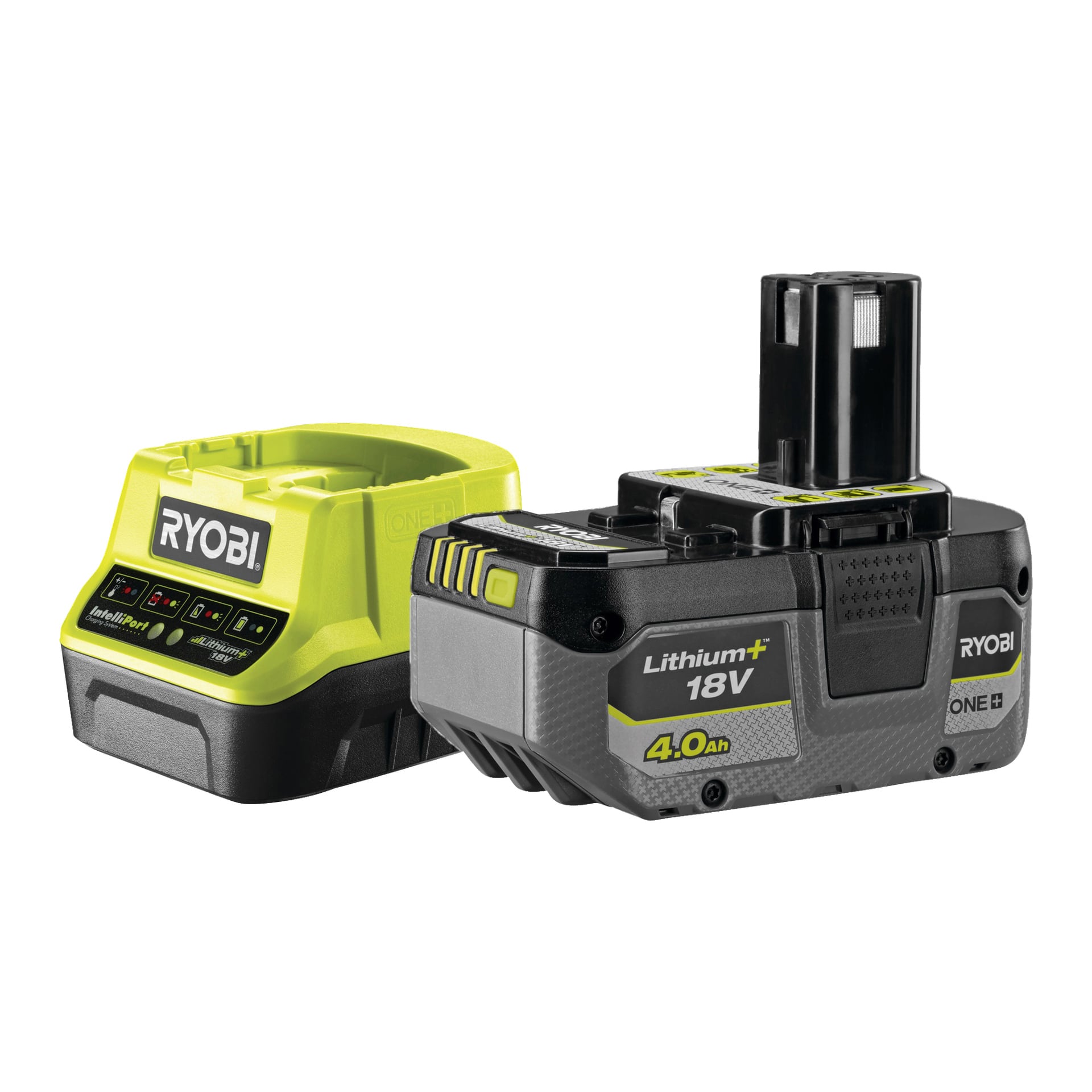 Obok zestawu baterii 18V Lithium+ 4.0Ah pokazano limonkowozieloną szlifierkę kątową Ryobi One+ HP RAG18X-140SJ, oba z logo Ryobi One+.