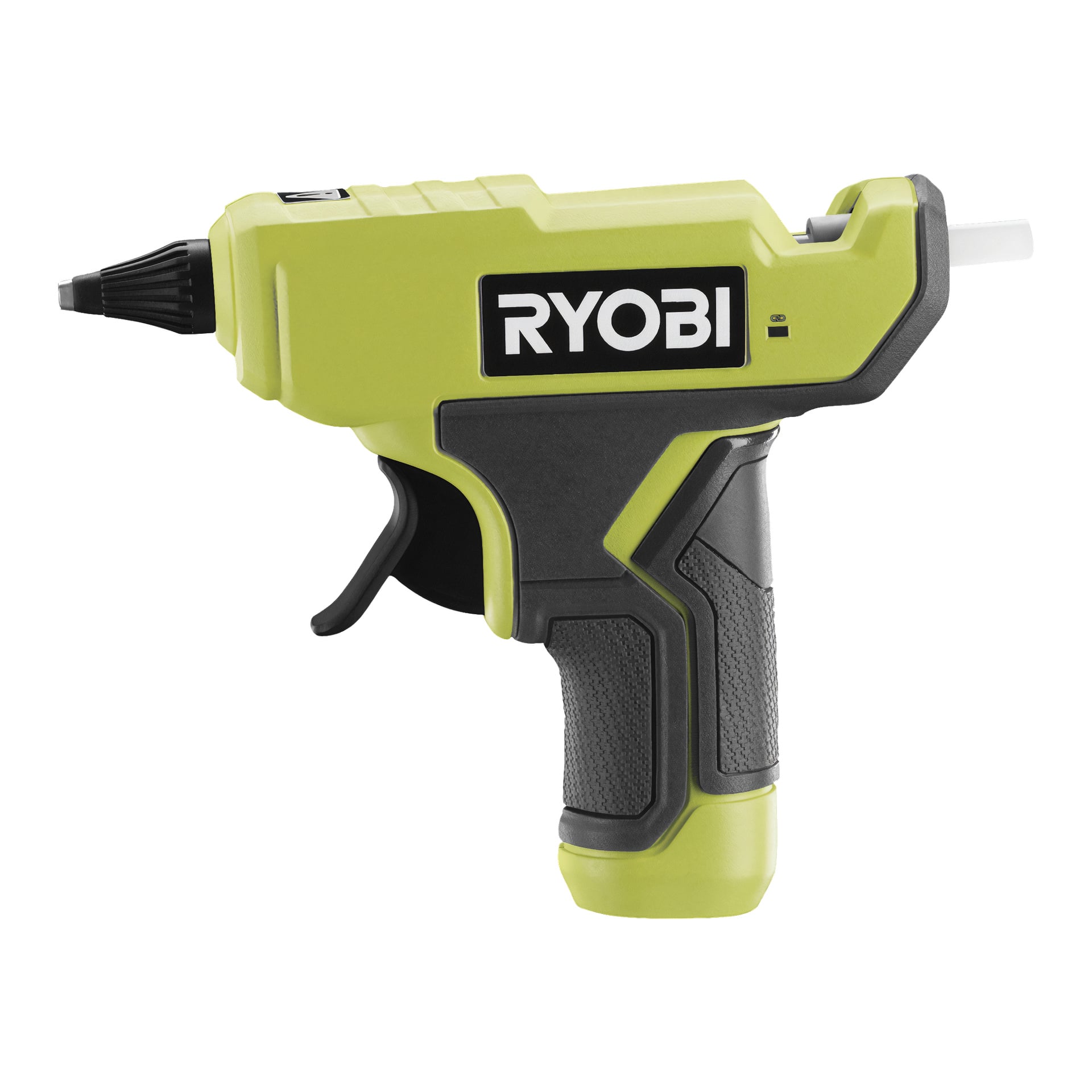 En Ryobi One+ RGLM18-0 sladdlös limpistol med grön och svart design, svart avtryckare och en limstift insatt bak.