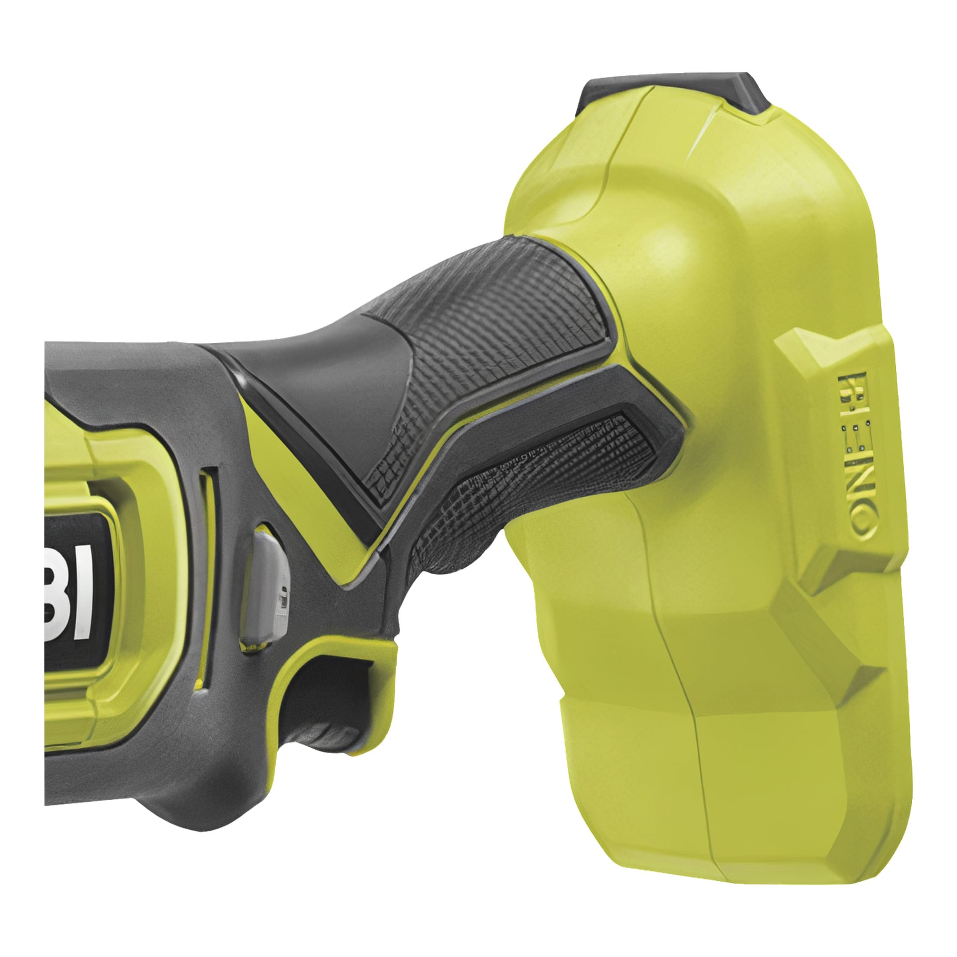 Zbliżenie na Ryobi One+ Angle Grinder RAG18125-0 podkreśla jego bezprzewodowy design, z teksturowaną czarną rączką i jaskrawo żółtym akumulatorem u podstawy.