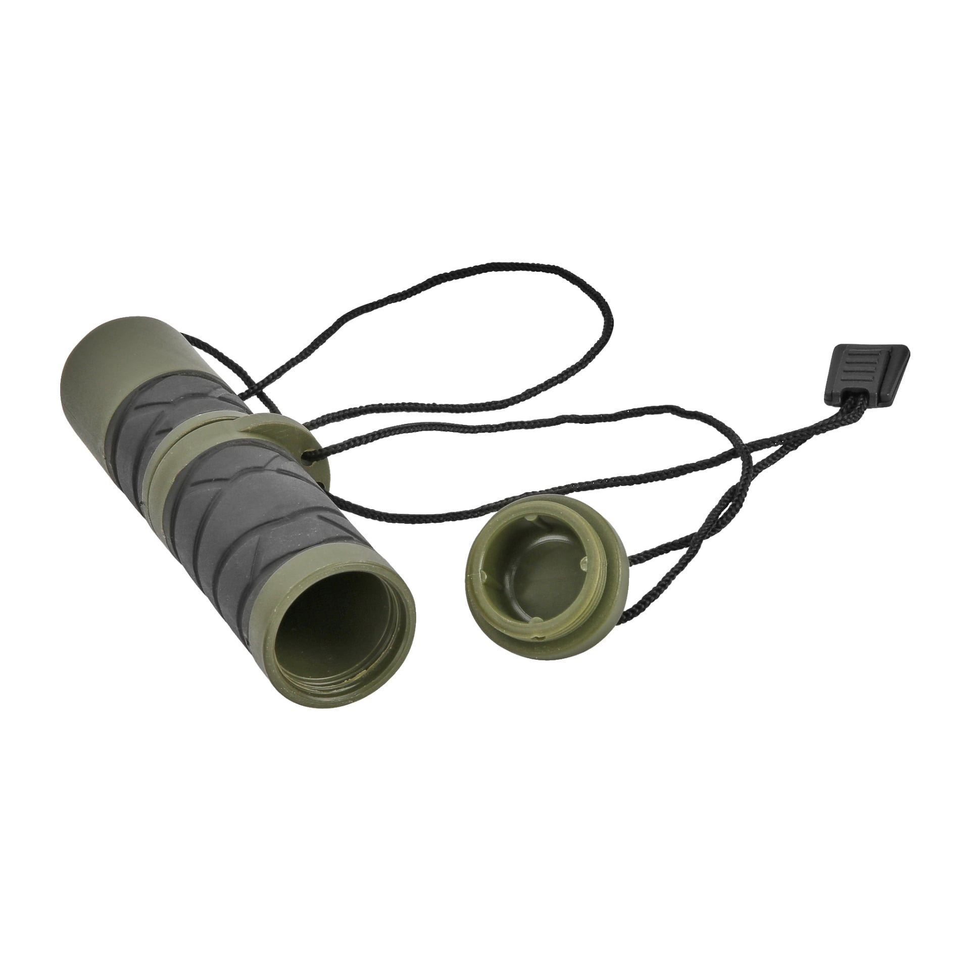 Vihreä-musta Kayoba Outdoor Ignition Steel -monokulaari, jossa on teksturoitu kahva, molemmat linssisuojukset kiinnitettynä—toinen korkki poistettuna linssin näyttämiseksi, toinen edelleen kiinnitettynä mustaan nauhaan.