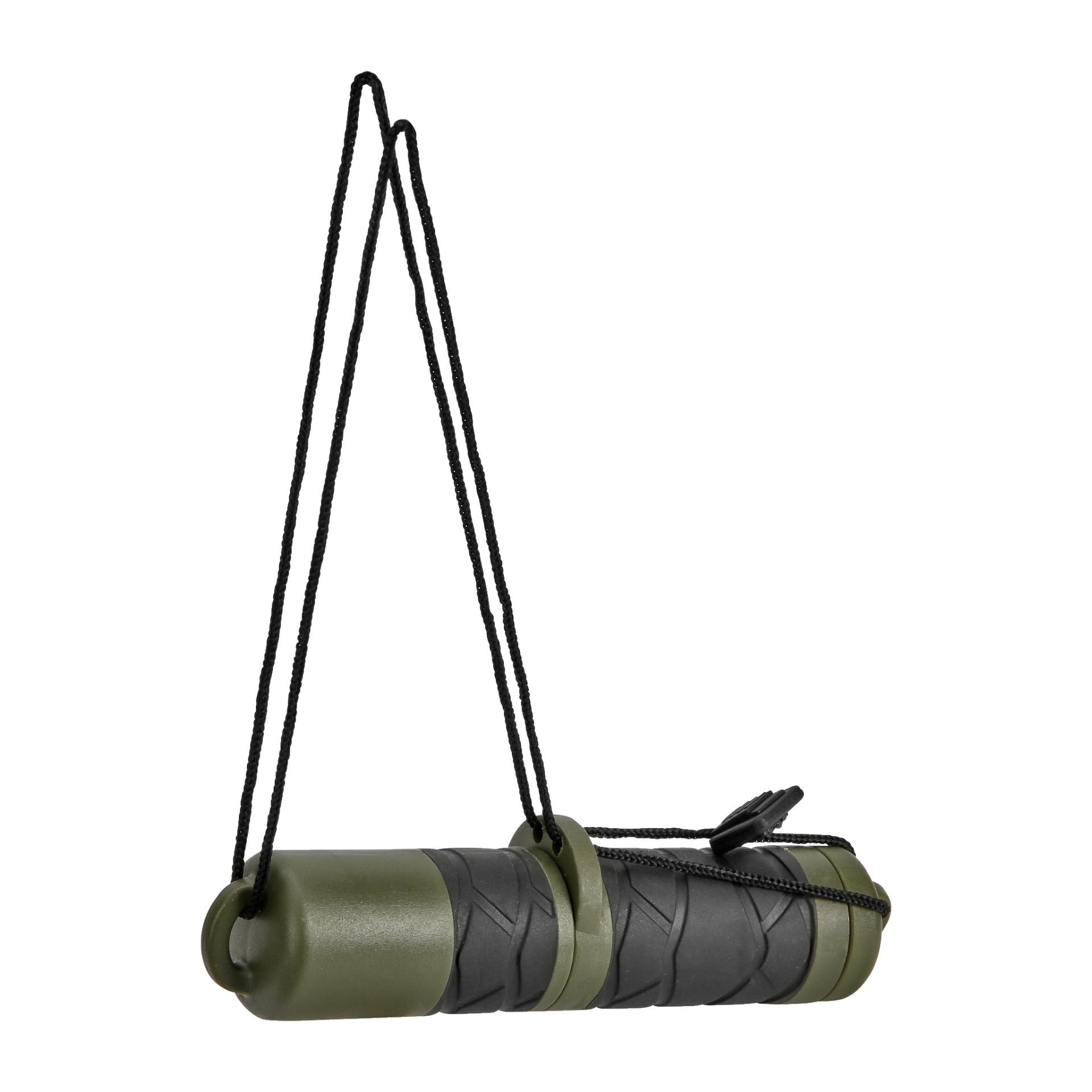 Vihreä ja musta sylinterimäinen Kayoba Outdoor Ignition -teräs, jossa on teksturoitu kahva pidettä varten ja musta kaulanauha, tarkoitettu ulko- tai selviytymistilanteisiin.