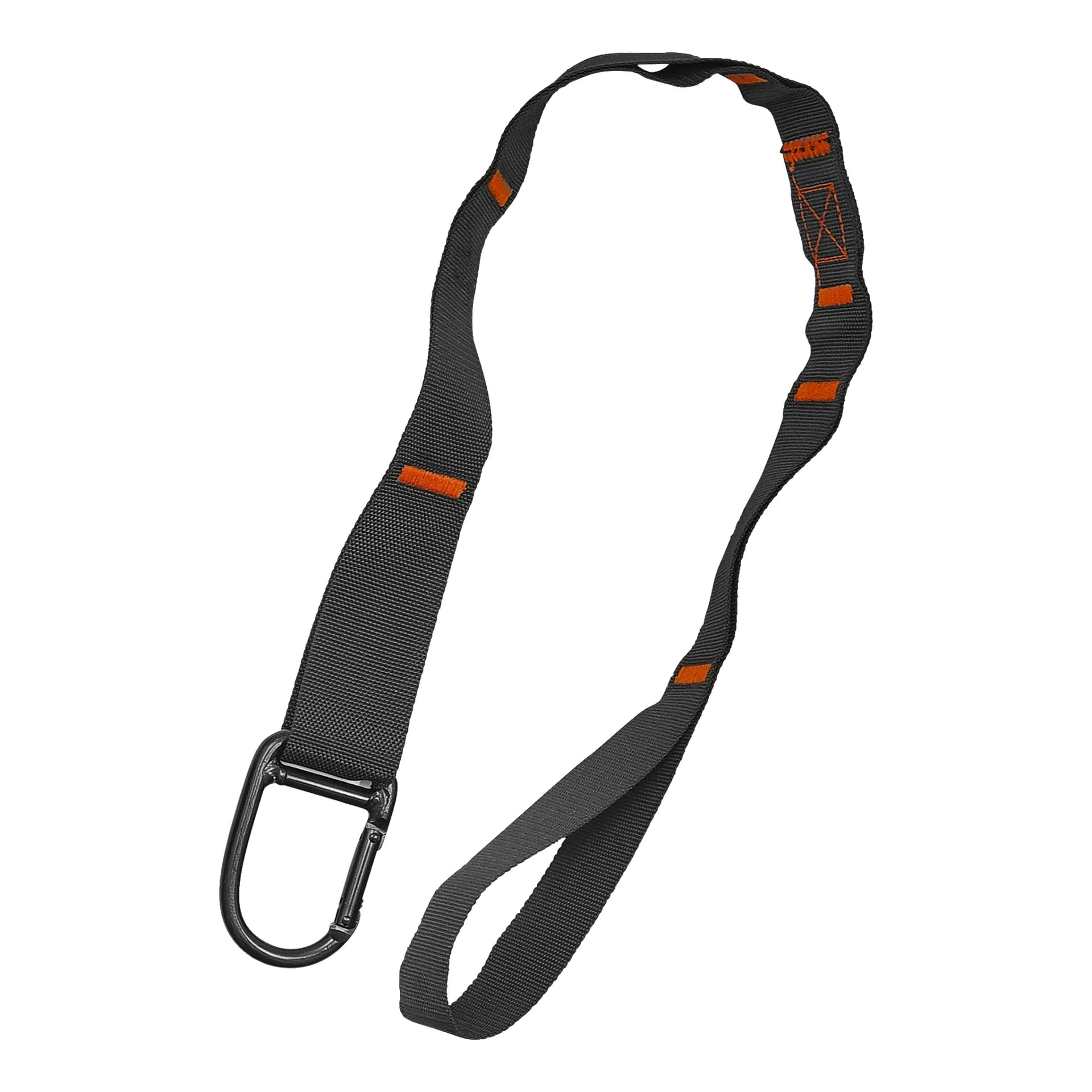 Ett stadigt svart nylonband med livfullt orange sömmer från Kayoba, utrustat med flera öglor och en metallkarbinhake i ena änden. Det fungerar som ett pålitligt träningsband för styrketräning eller för att fästa träningsutrustning.