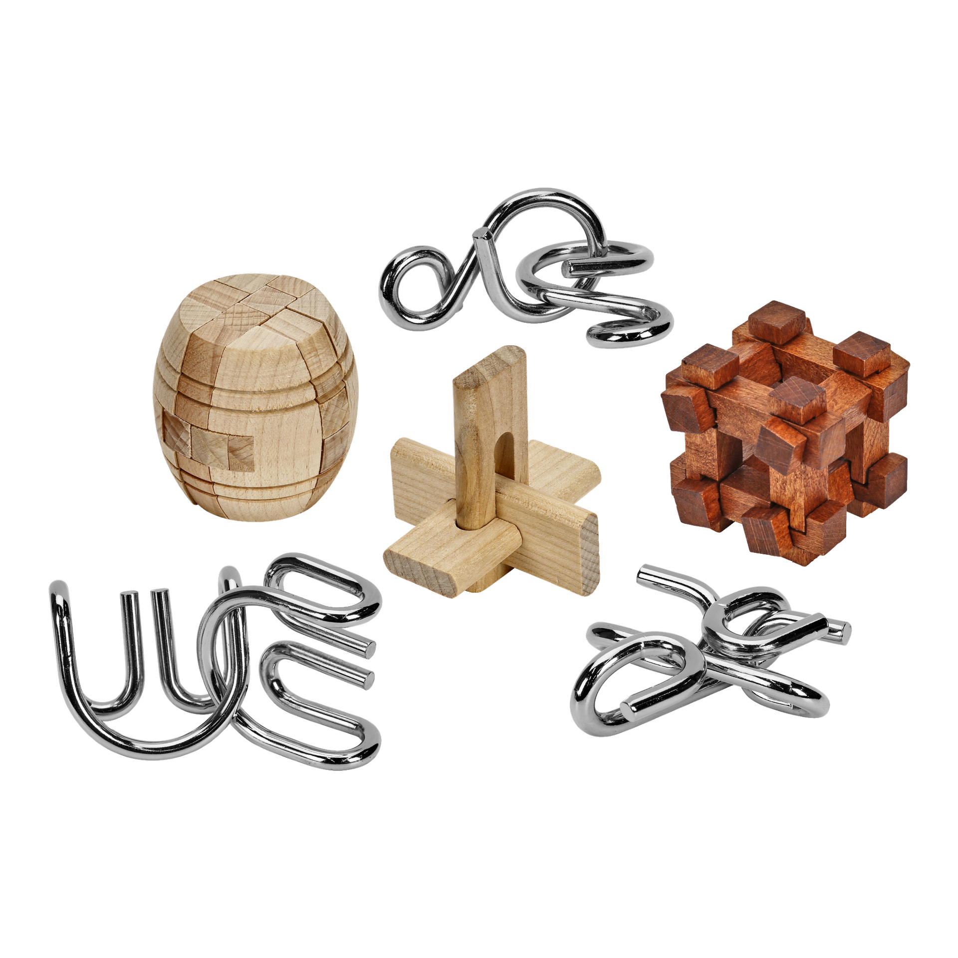 Sex pussel från Kayoba Brain Teaser 6 Pieces-setet visas: tre distinkta träpussel och tre unikt formade metalltrådpussel, var och en med sin egen design.