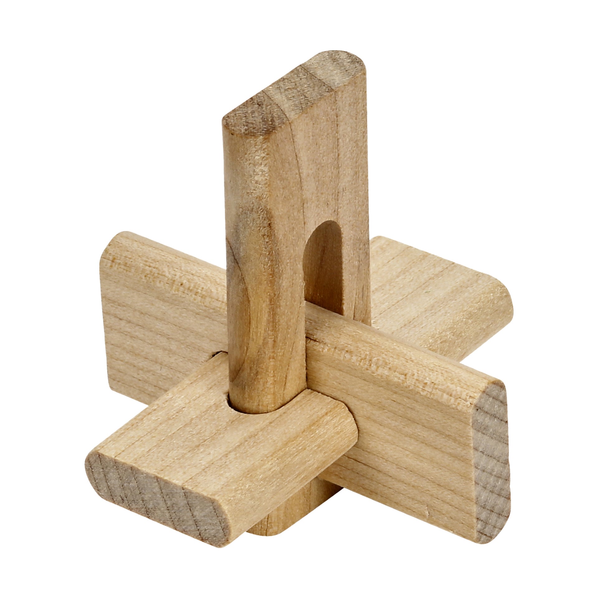 Ett träpussel kallat Kayoba Brain Teaser 6 Pieces innehåller sex sammanlänkade, hackade bitar som passar ihop för att skapa en balanserad, korsliknande form. Pusslets trä har ett slätt, blekt naturligt utseende.
