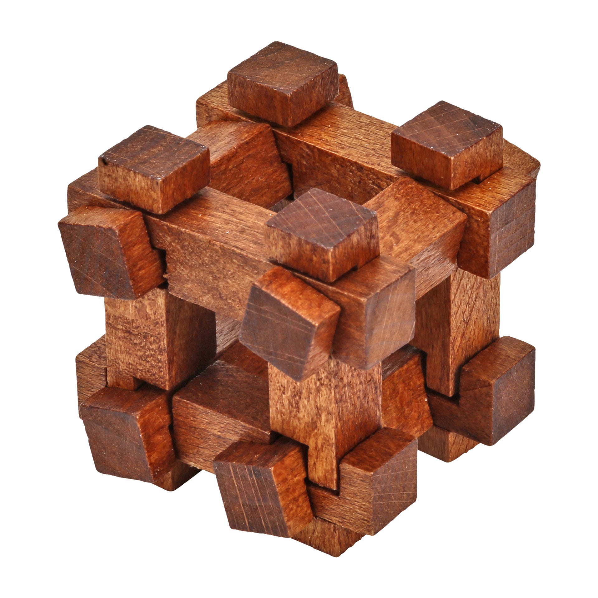 Kayoba Brain Teaser 6 Pieces är ett träpussel gjort av flera rektangulära block som låser ihop sig till en tredimensionell geometrisk form. Verken har en naturlig brun färg som framhäver den tilltalande träådringen.