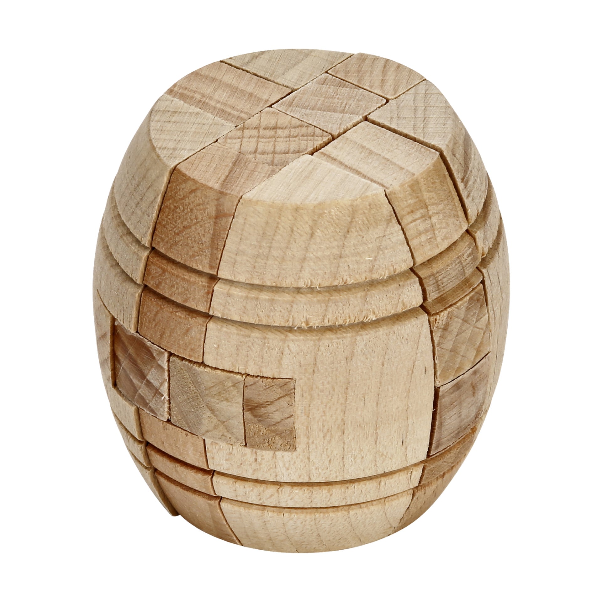 Ett Kayoba Brain Teaser 6 Pieces pussel, designat som en trätunna och gjort av sammanlänkade lätta träbitar med synlig ådring och geometriska ytskärningar, står upprätt.