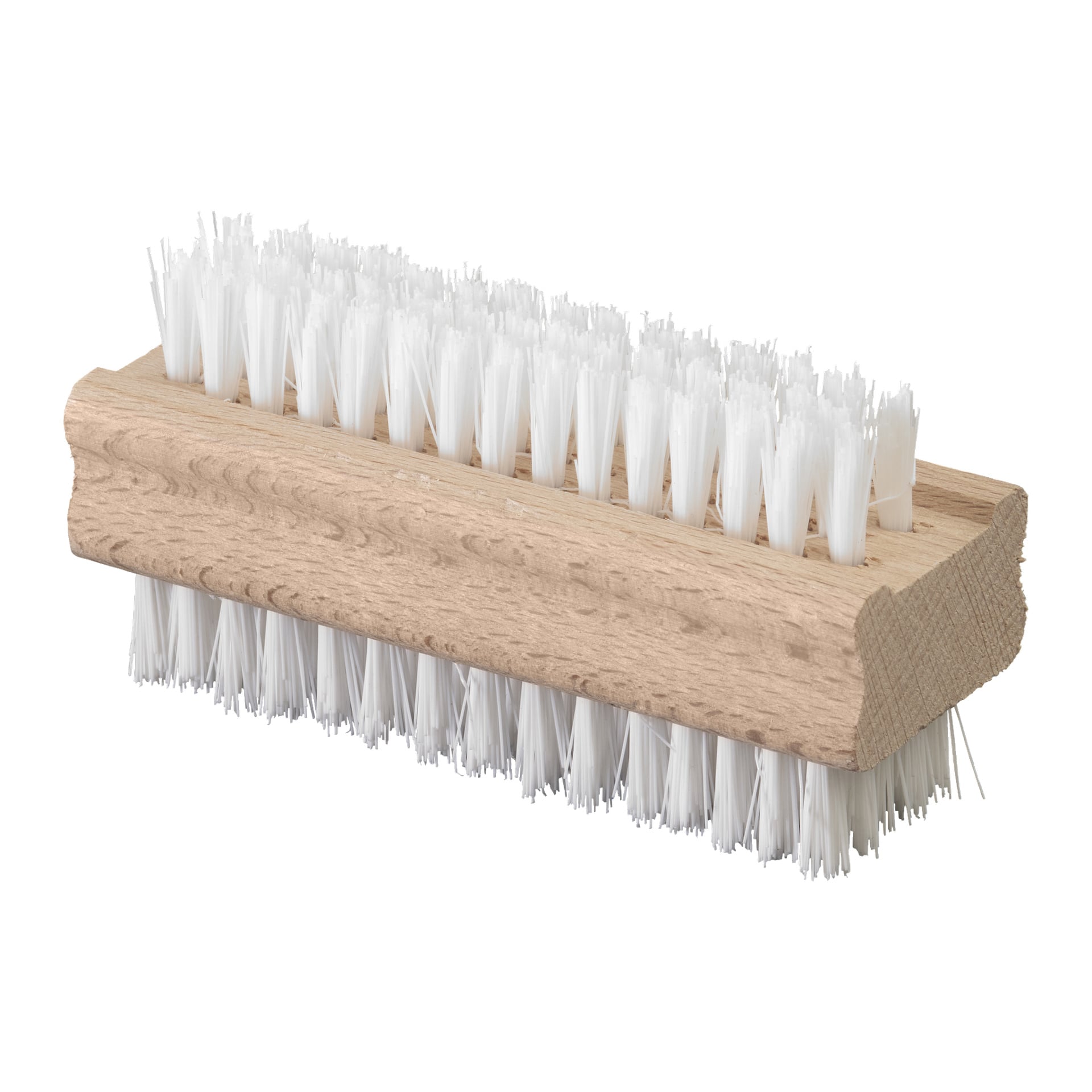 Der Menuett-Nailbrush ist ein rechteckiger Holzbürst, der auf beiden Seiten dicht gepackte weiße Borsten aufweist.
