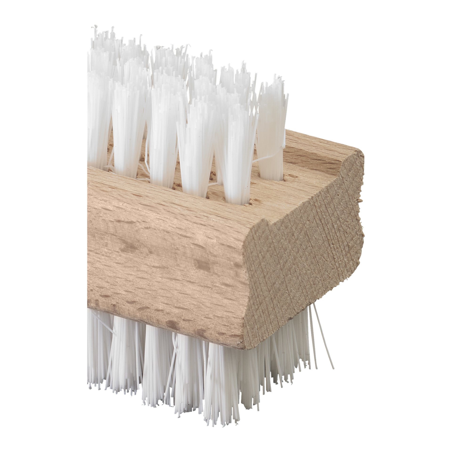 Eine Nahaufnahme des Menuett Nailbrush zeigt seinen hölzernen Korpus, der mit dichten weißen synthetischen Borsten gefüllt ist, die sowohl die flache Oberfläche als auch die Seiten bedecken.